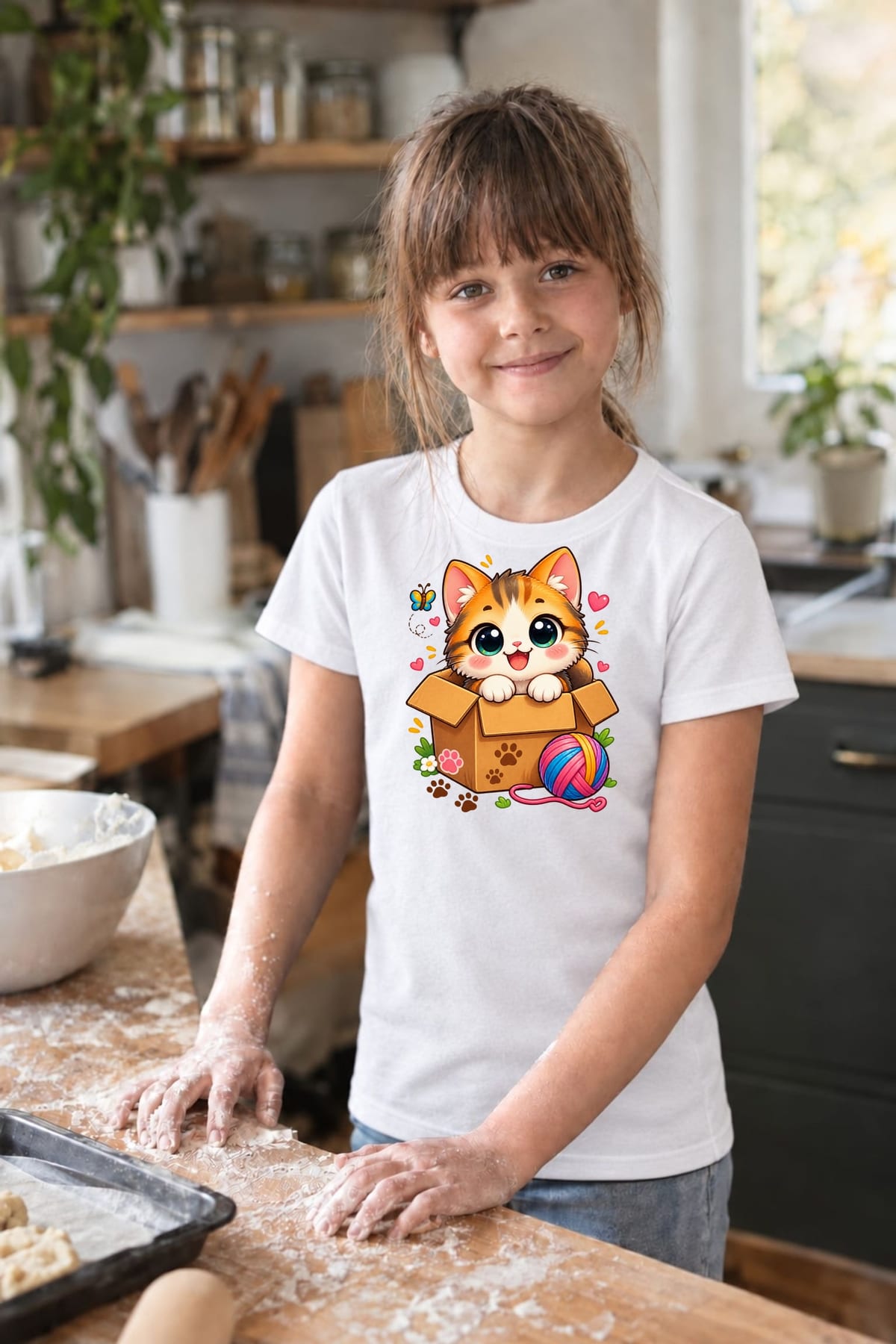 Koszulka z kotem w pudełku dla dziewczynki biała słodki kawaii, zdjęcie 3