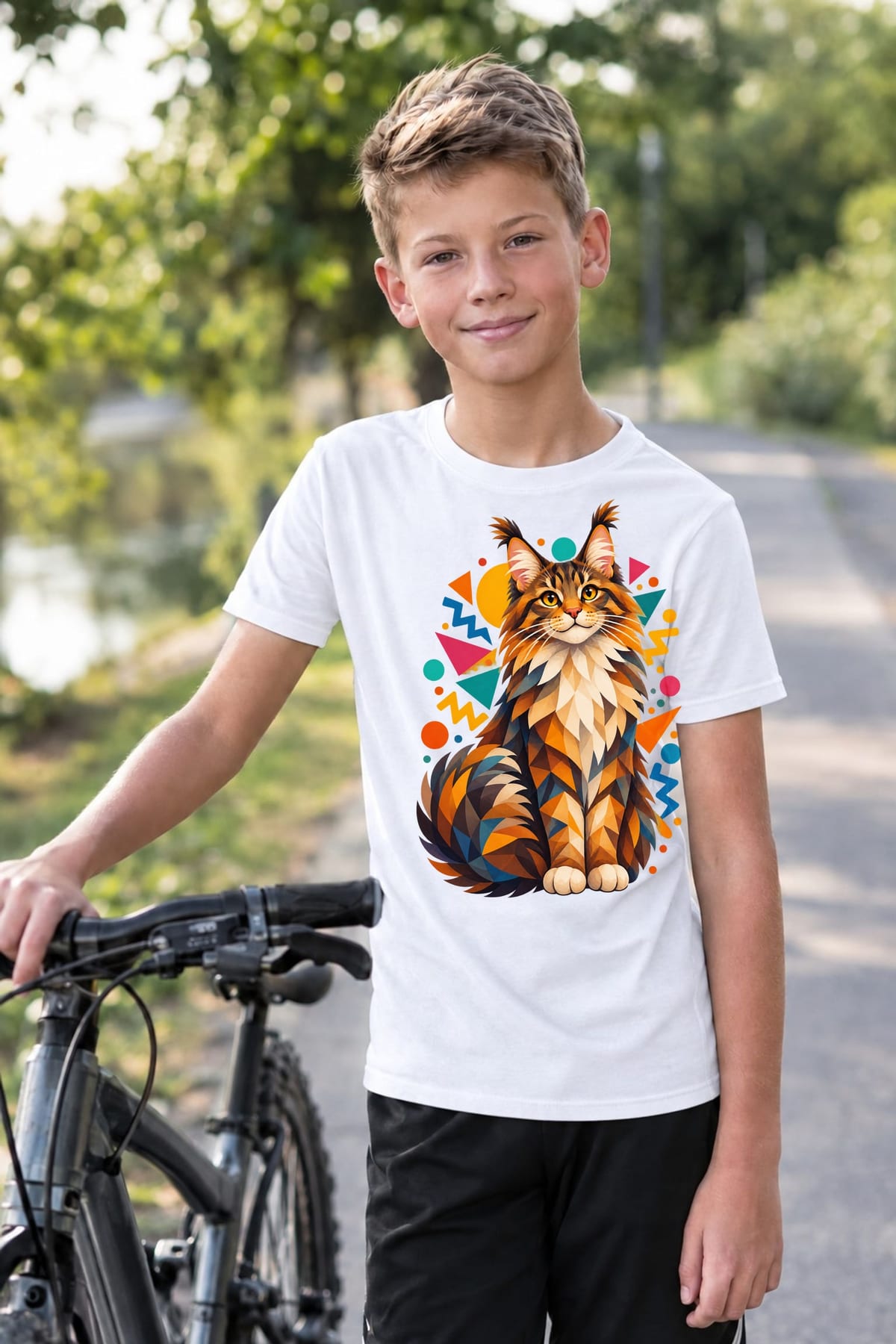 Koszulka z kotem maine coon dla chłopca biała geometryczny styl, zdjęcie 6