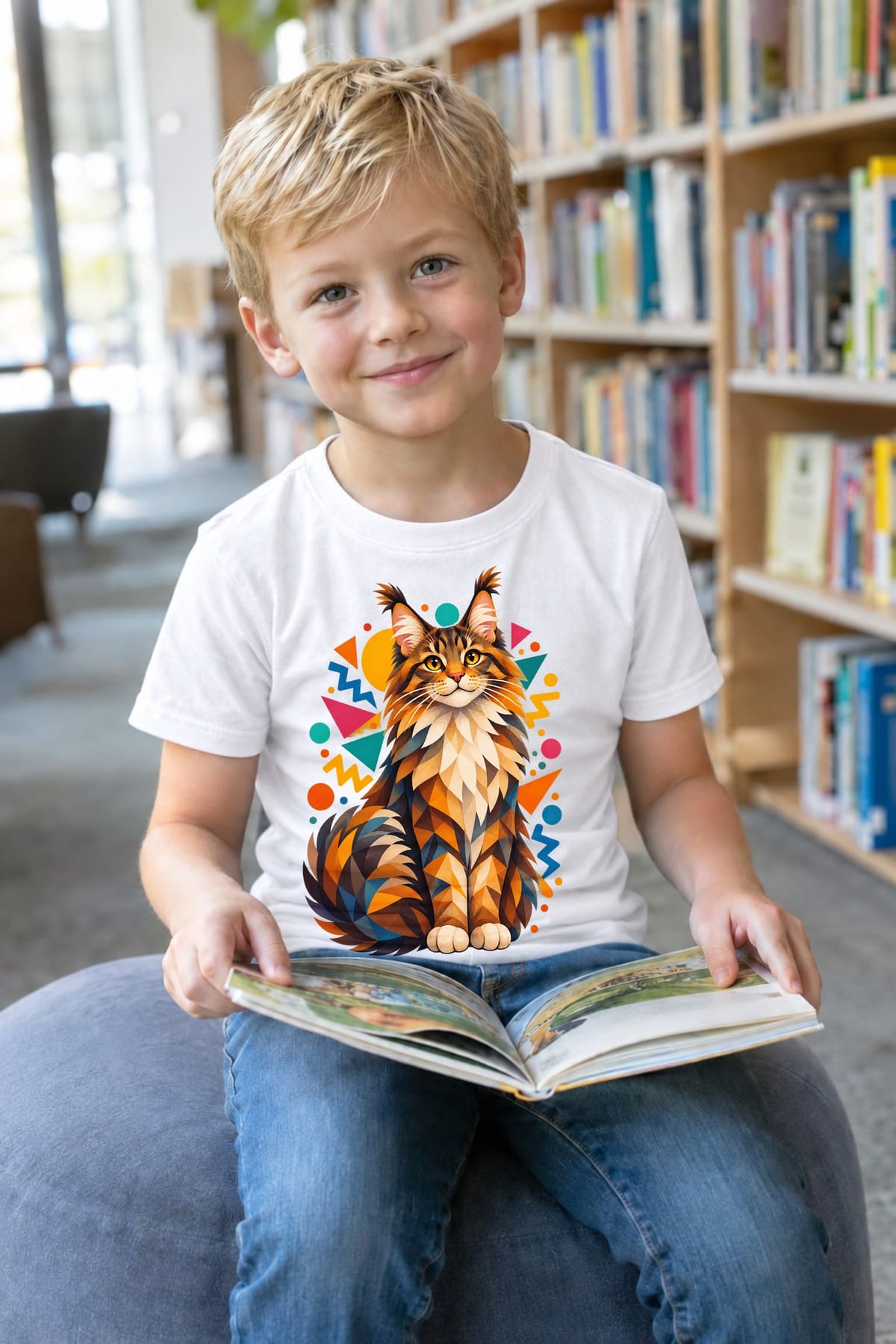 Koszulka z kotem maine coon dla chłopca biała geometryczny styl, zdjęcie 8