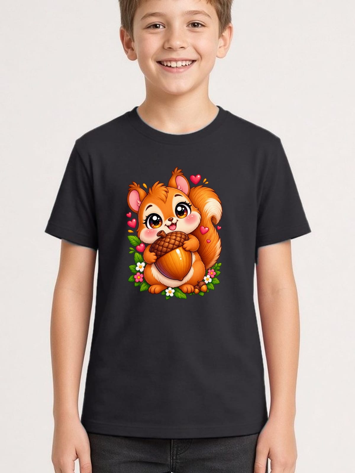 Koszulka dziecięca z wiewiórką dla chłopca czarna słodki styl kawaii, zdjęcie 1