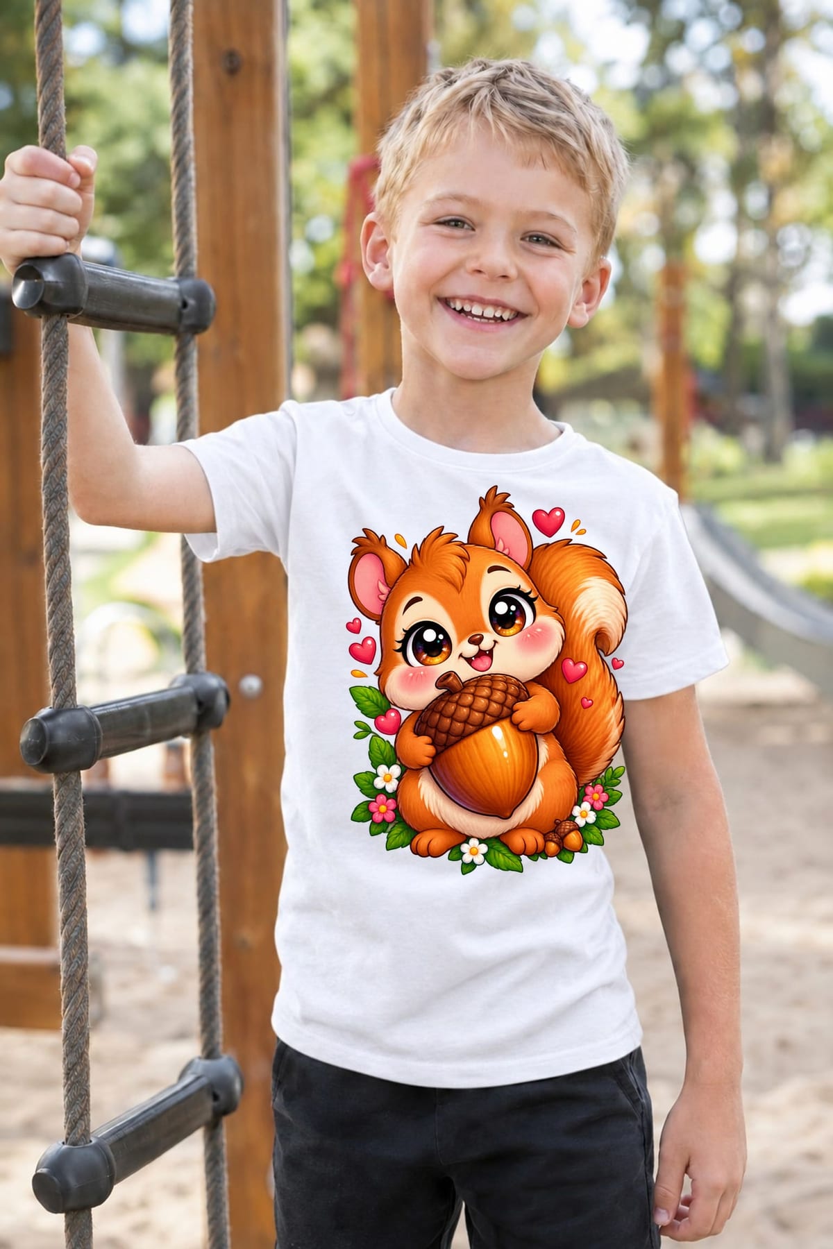 Koszulka dziecięca z wiewiórką dla chłopca biała słodki styl kawaii, zdjęcie 3