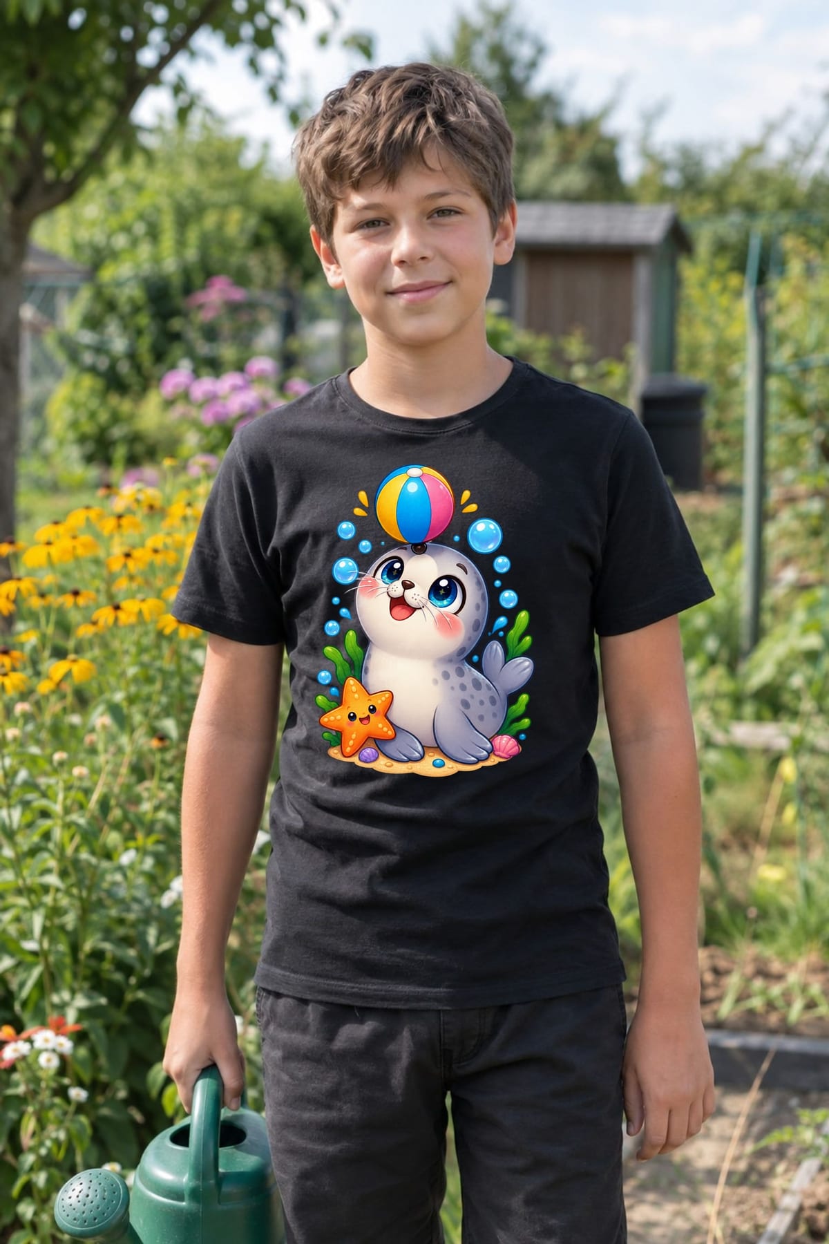 Koszulka z foczką dla chłopca czarna słodki styl kawaii, zdjęcie 6