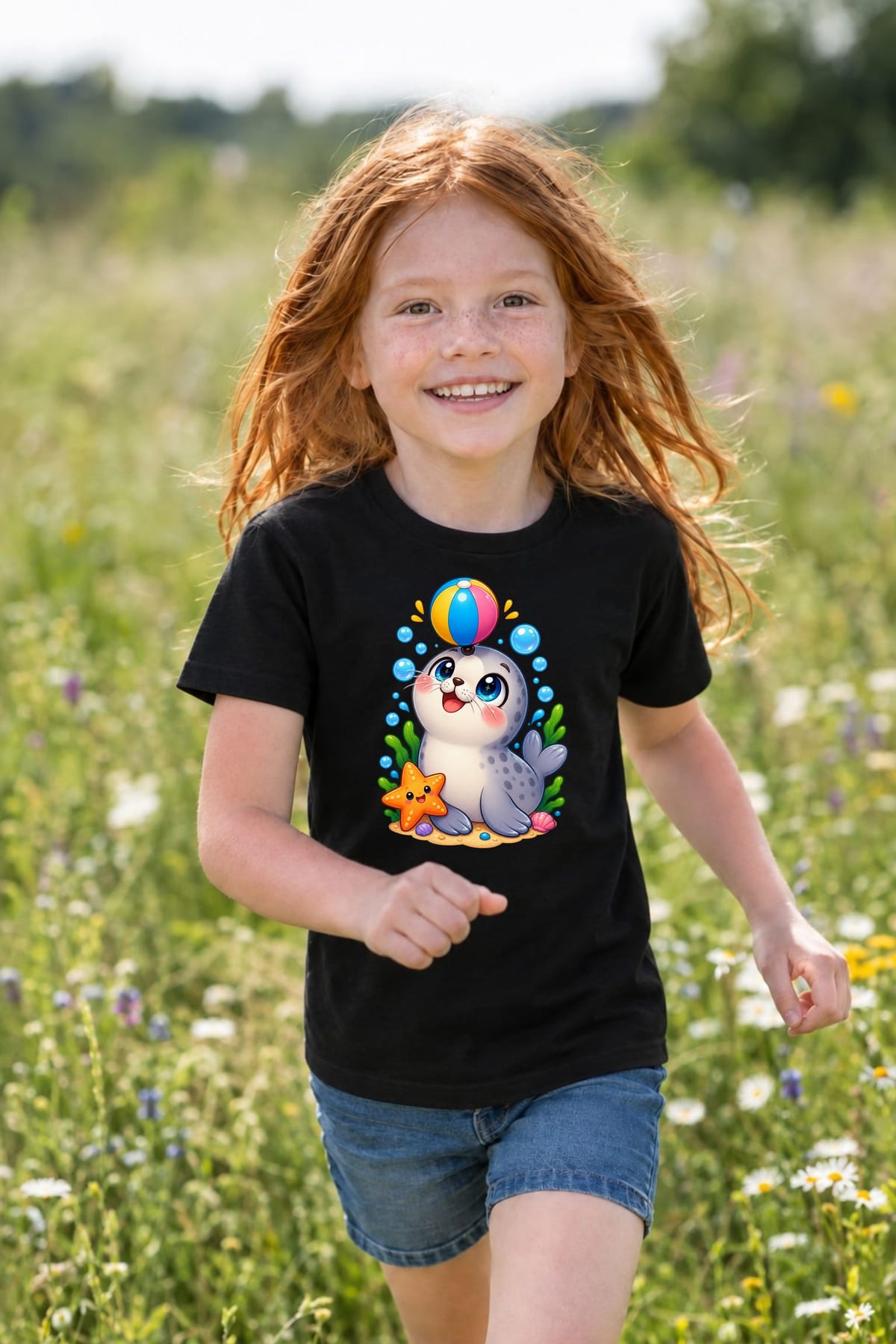 Koszulka z foczką dla dziewczynki czarna słodki styl kawaii, zdjęcie 3