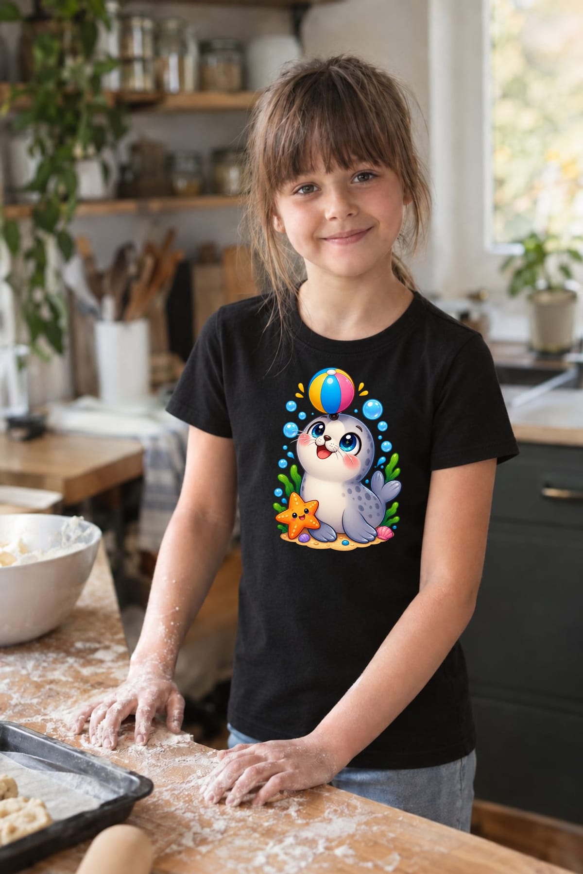 Koszulka z foczką dla dziewczynki czarna słodki styl kawaii, zdjęcie 4