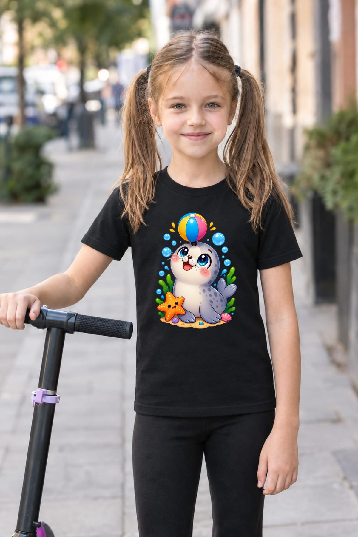 Koszulka z foczką dla dziewczynki czarna słodki styl kawaii, zdjęcie 8
