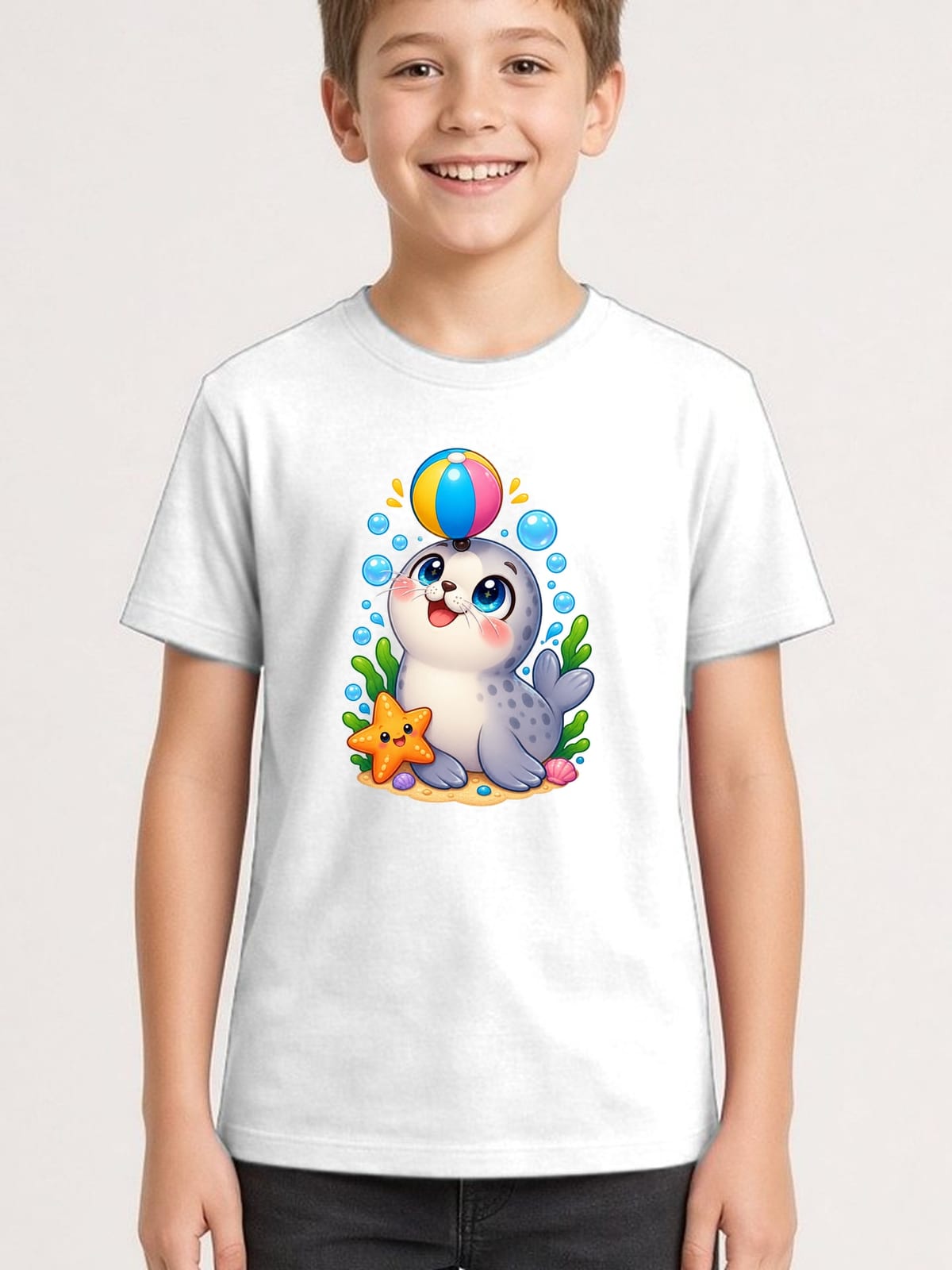Koszulka z foczką dla chłopca biała słodki styl kawaii, zdjęcie 1
