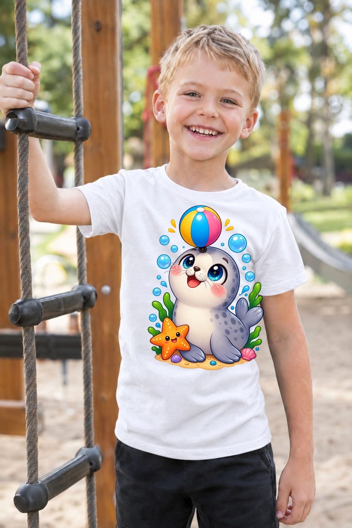 Koszulka z foczką dla chłopca biała słodki styl kawaii, zdjęcie 3