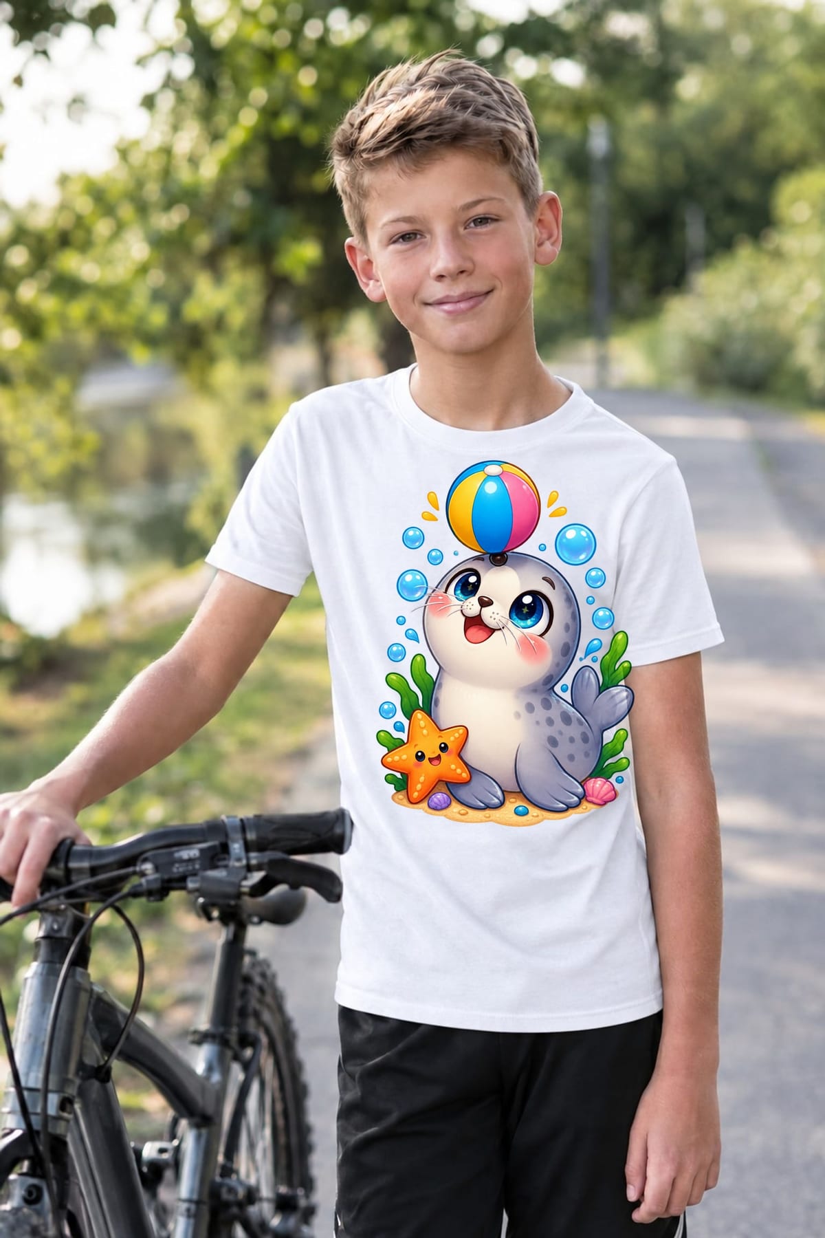 Koszulka z foczką dla chłopca biała słodki styl kawaii, zdjęcie 6