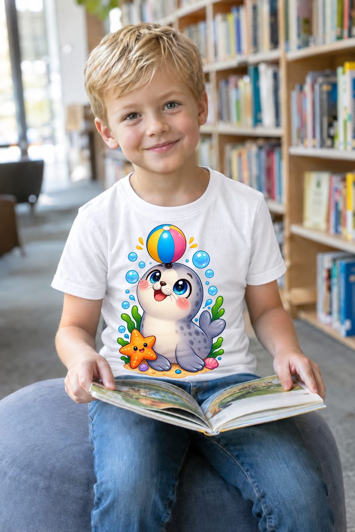 Koszulka z foczką dla chłopca biała słodki styl kawaii, zdjęcie 8