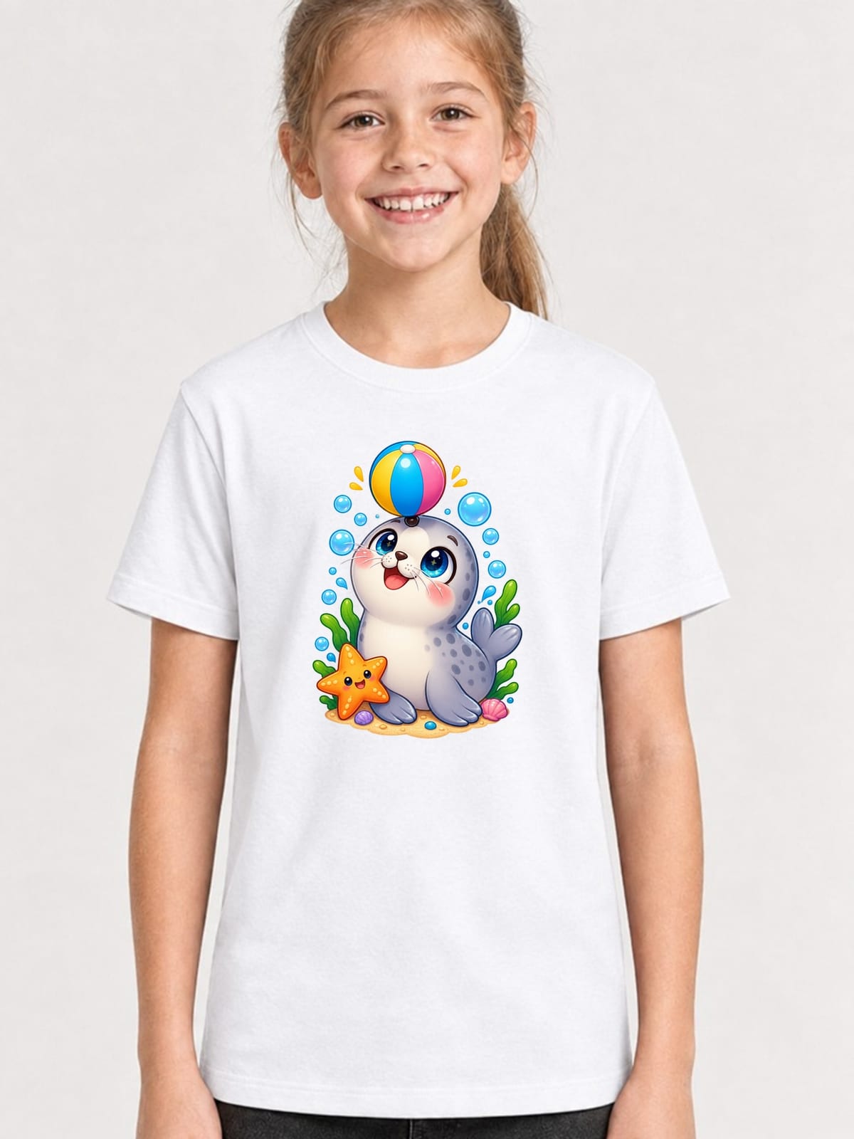 Koszulka z foczką dla dziewczynki biała słodki styl kawaii, zdjęcie 1