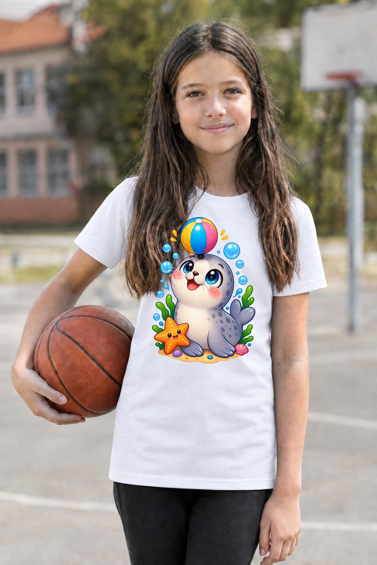 Koszulka z foczką dla dziewczynki biała słodki styl kawaii, zdjęcie 5
