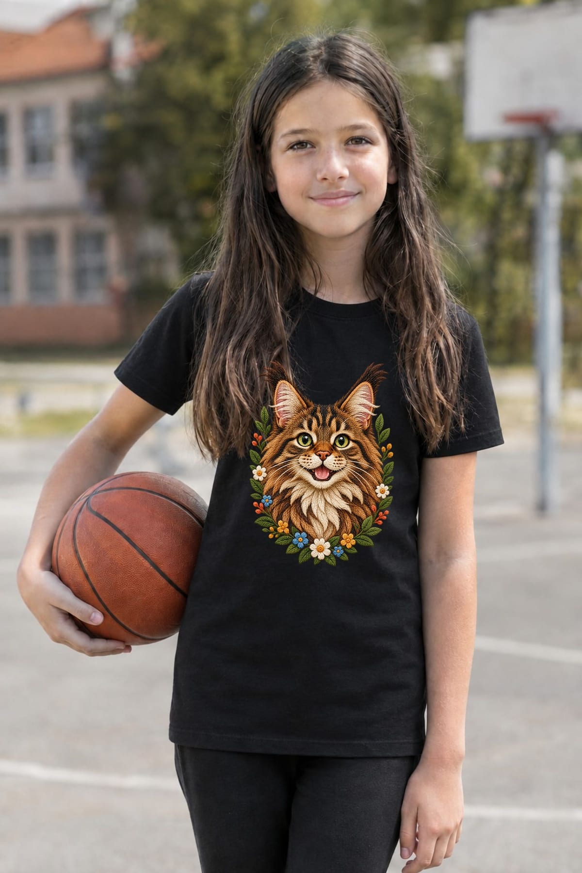 Koszulka z kotem dla dziewczynki czarna efekt haftu maine coon, zdjęcie 7