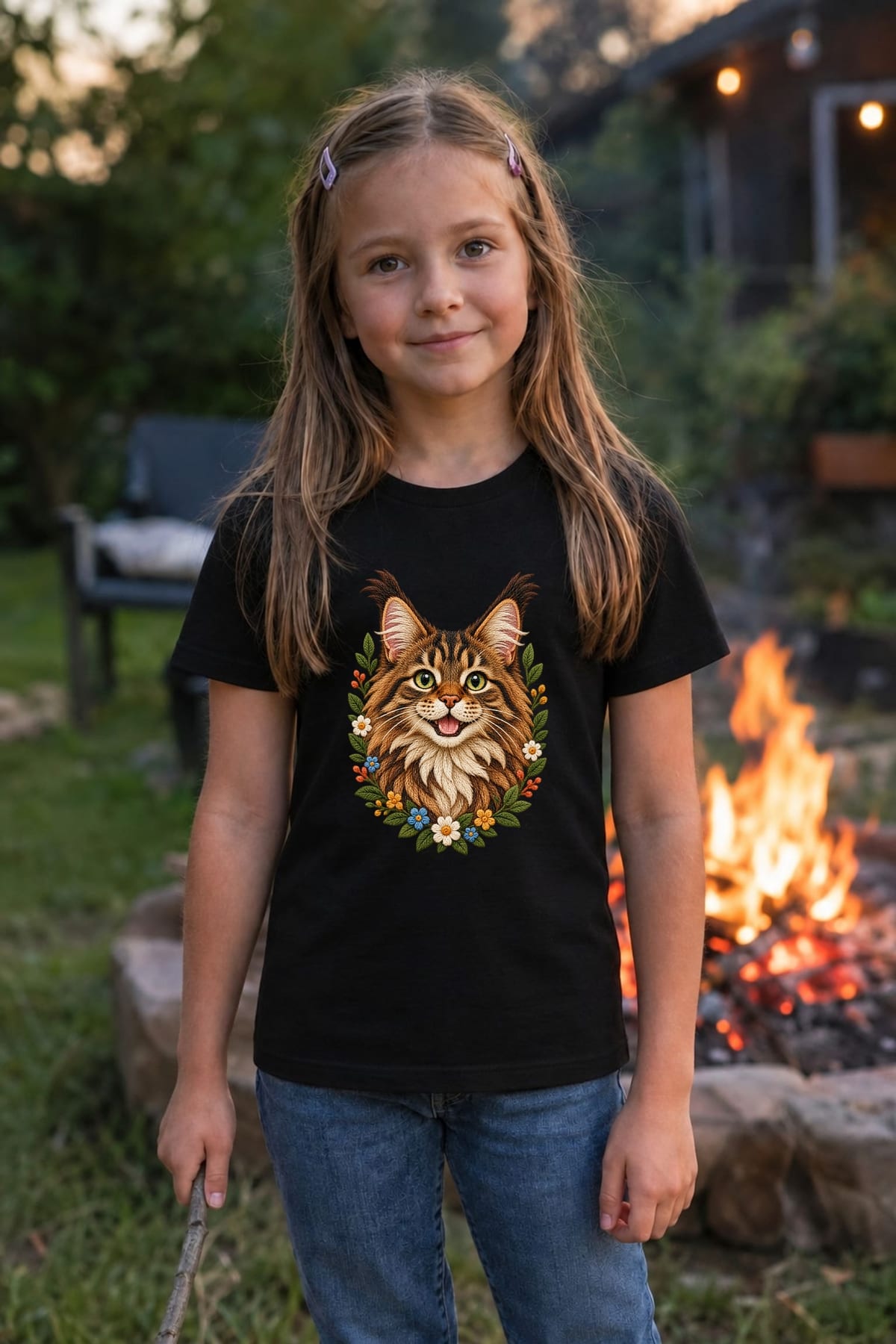 Koszulka z kotem dla dziewczynki czarna efekt haftu maine coon, zdjęcie 8