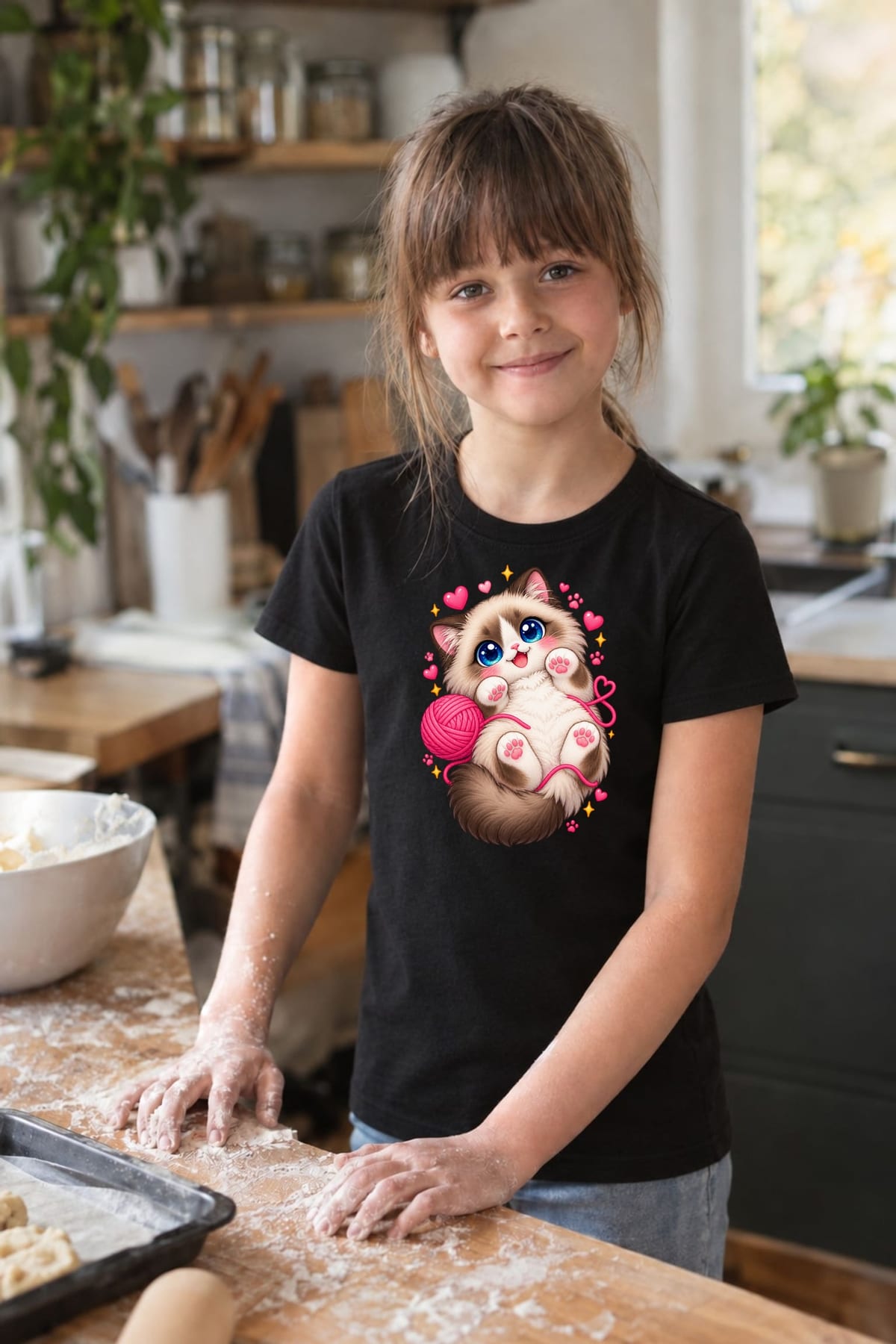 Koszulka z ragdollem dla dziewczynki czarna słodki styl kawaii, zdjęcie 4