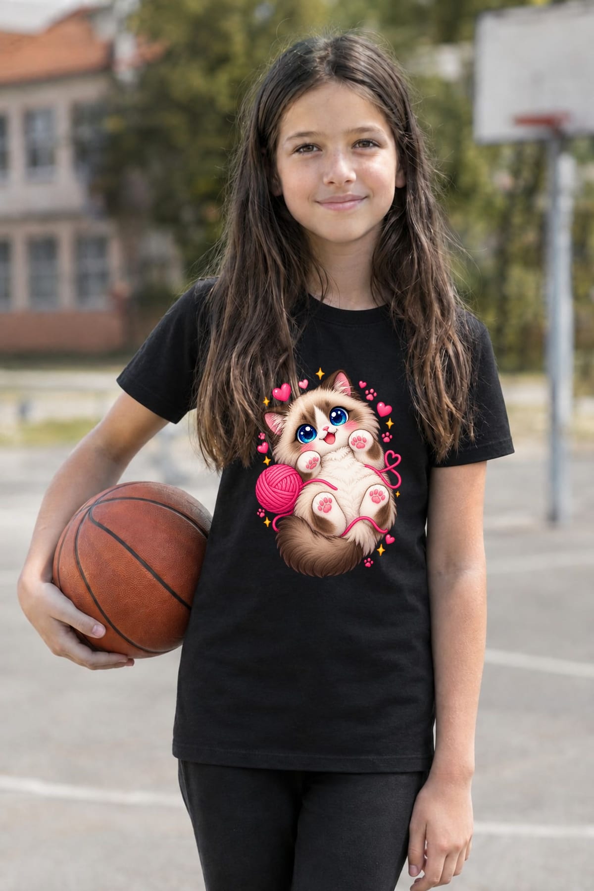Koszulka z ragdollem dla dziewczynki czarna słodki styl kawaii, zdjęcie 5