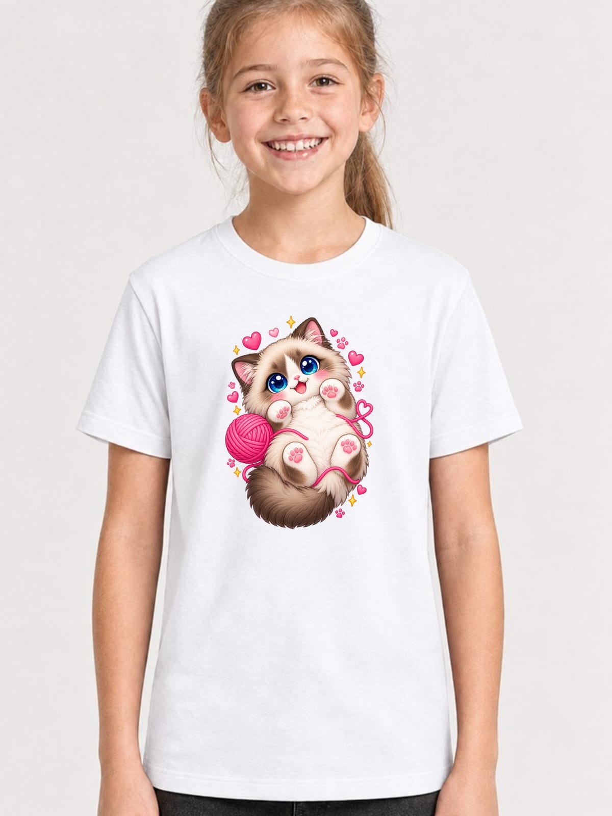 Koszulka z ragdollem dla dziewczynki biała słodki styl kawaii, zdjęcie 1