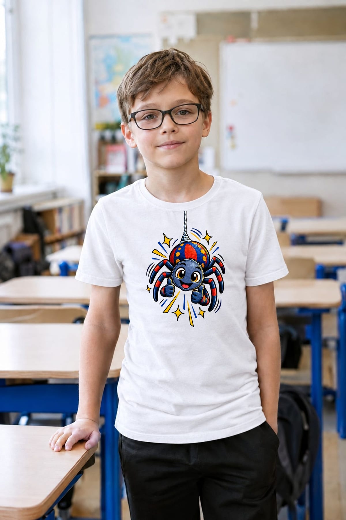 Koszulka dla chłopca z pająkiem biała komiksowy styl z gestem, zdjęcie 5