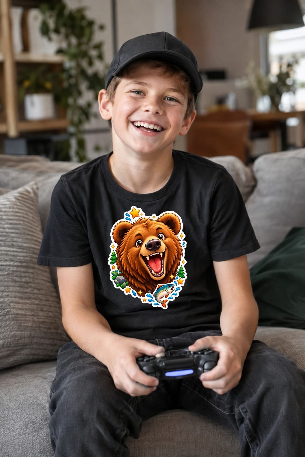 Koszulka z grizzly dla chłopca czarna styl naklejki, zdjęcie 8
