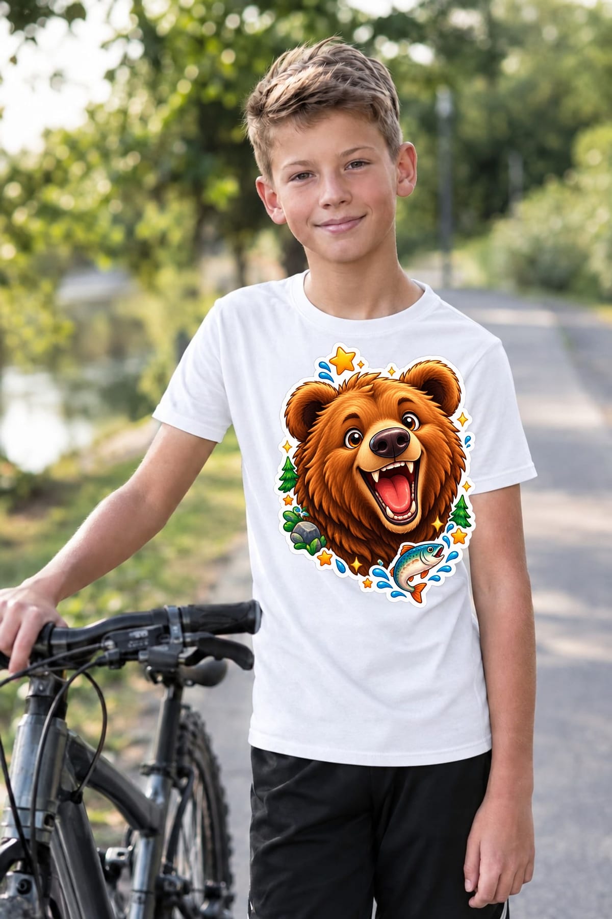 Koszulka z grizzly dla chłopca biała styl naklejki, zdjęcie 5