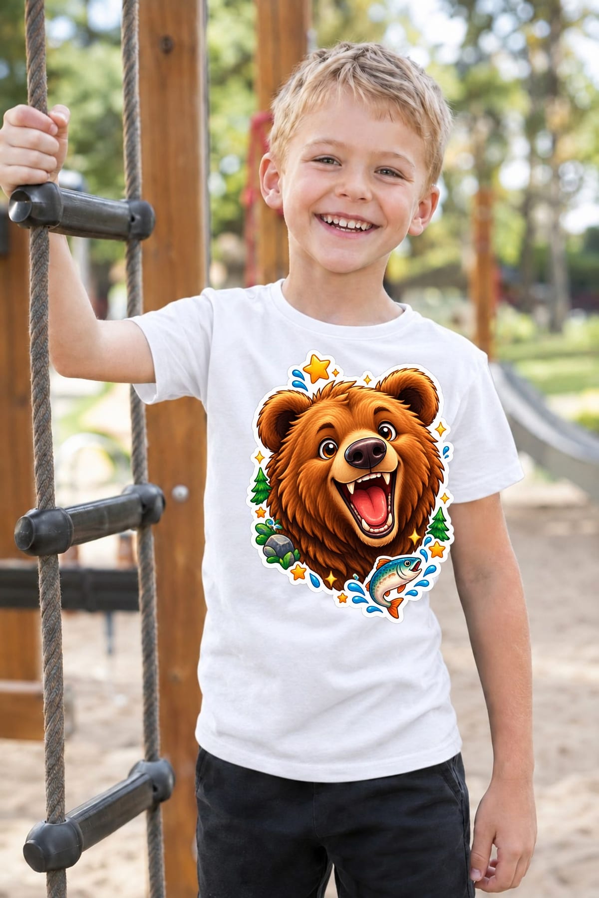 Koszulka z grizzly dla chłopca biała styl naklejki, zdjęcie 6