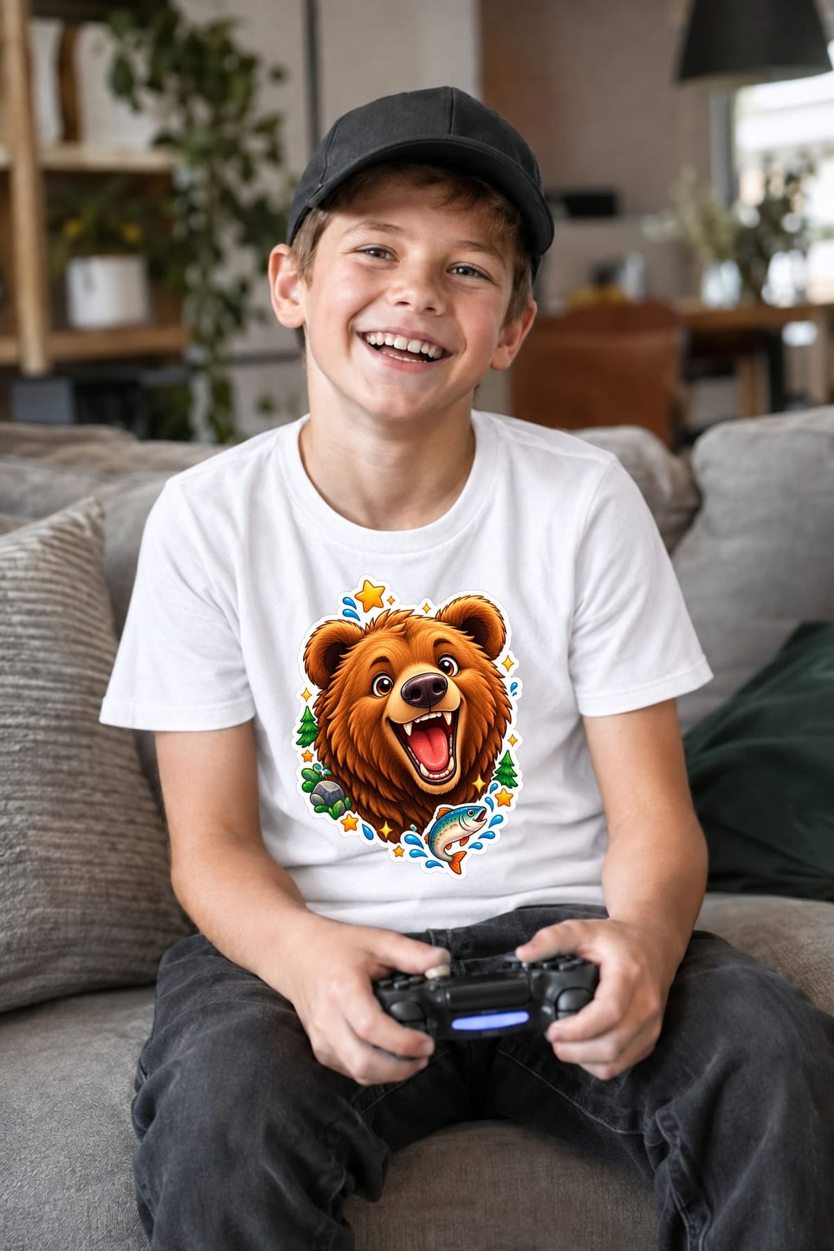 Koszulka z grizzly dla chłopca biała styl naklejki, zdjęcie 8