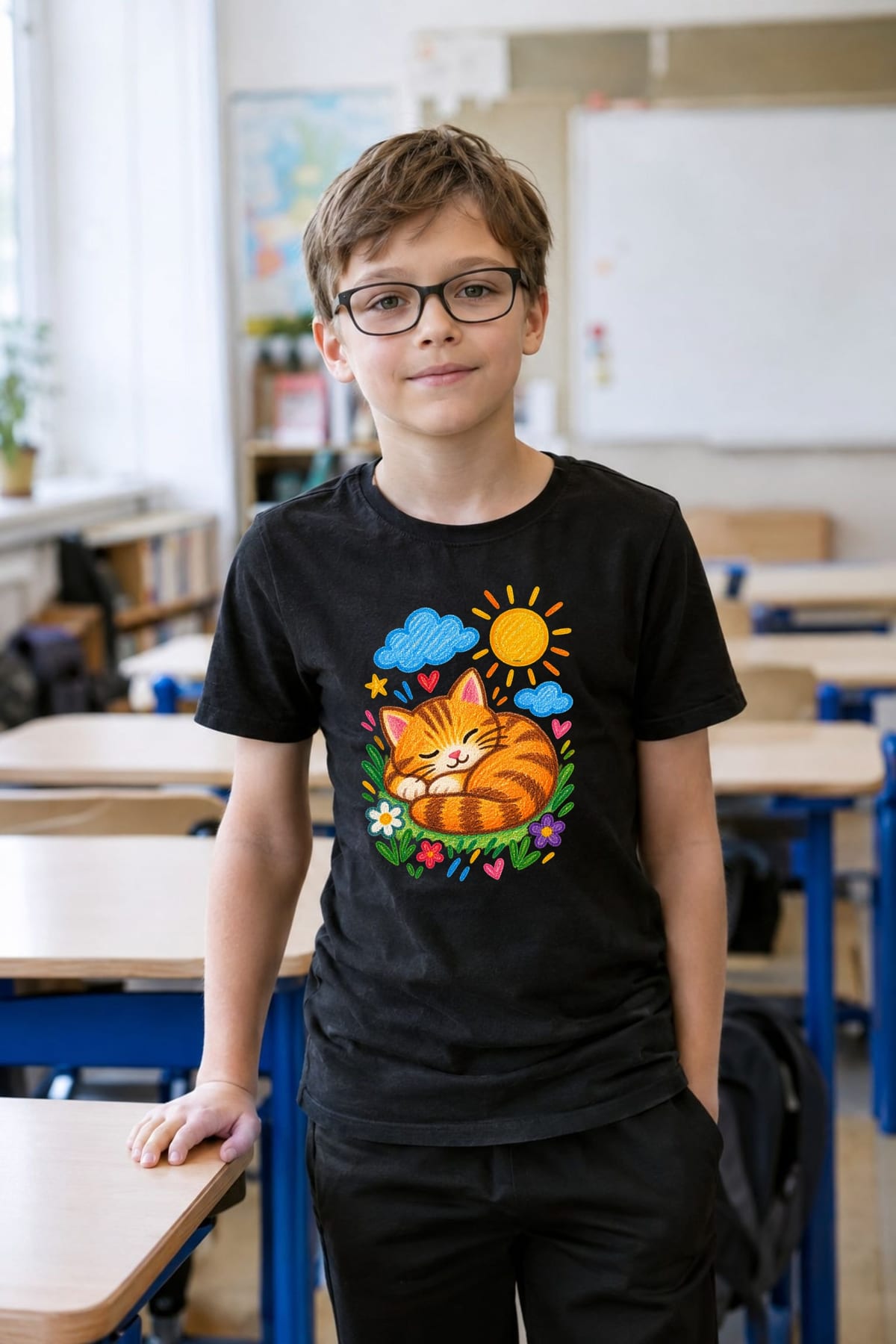 Koszulka z kotem rysunek kredkami dla chłopca czarna ze słońcem, zdjęcie 4