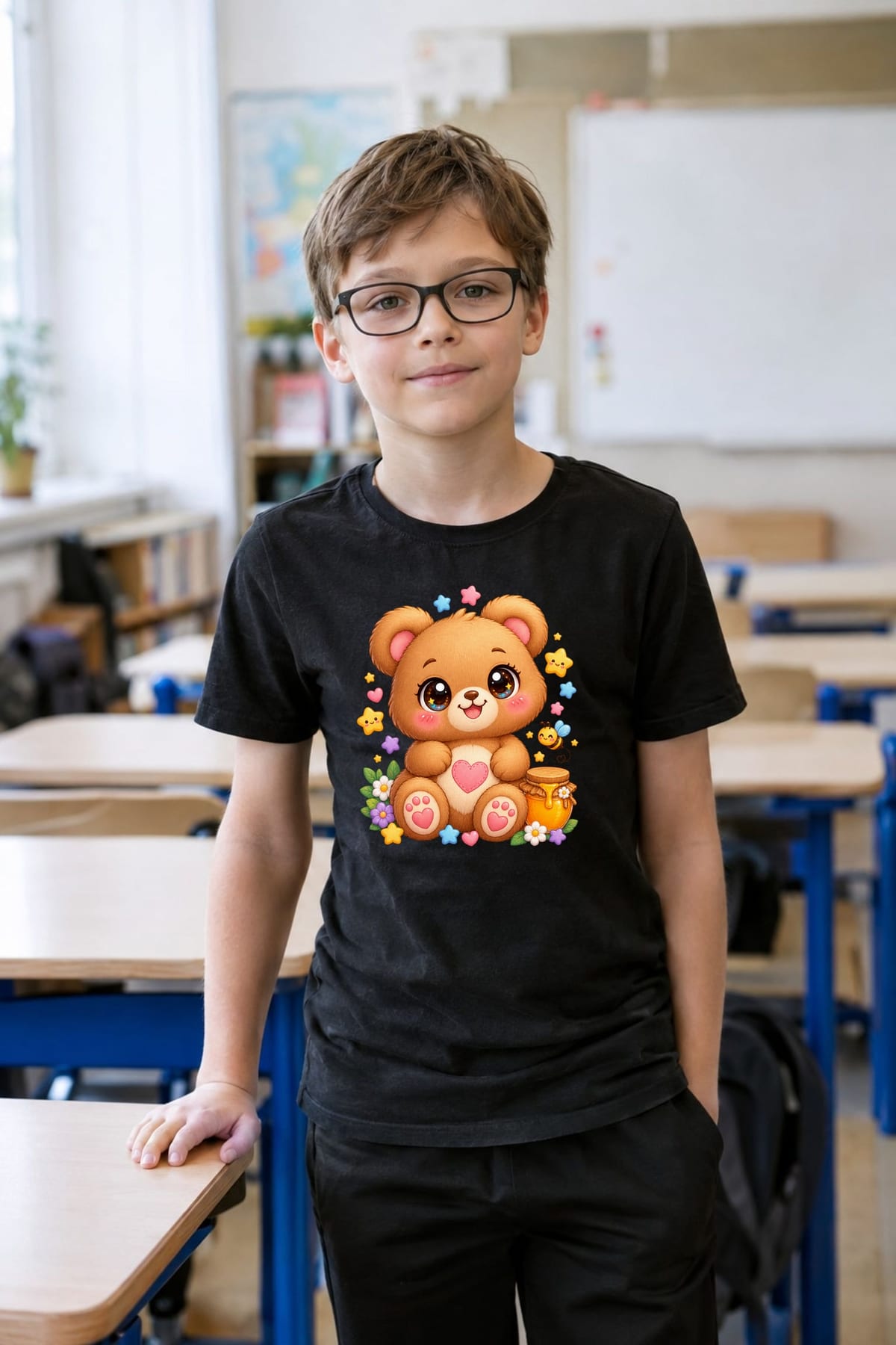 Koszulka z misiem pluszowym dla chłopca czarna słodki kawaii, zdjęcie 8
