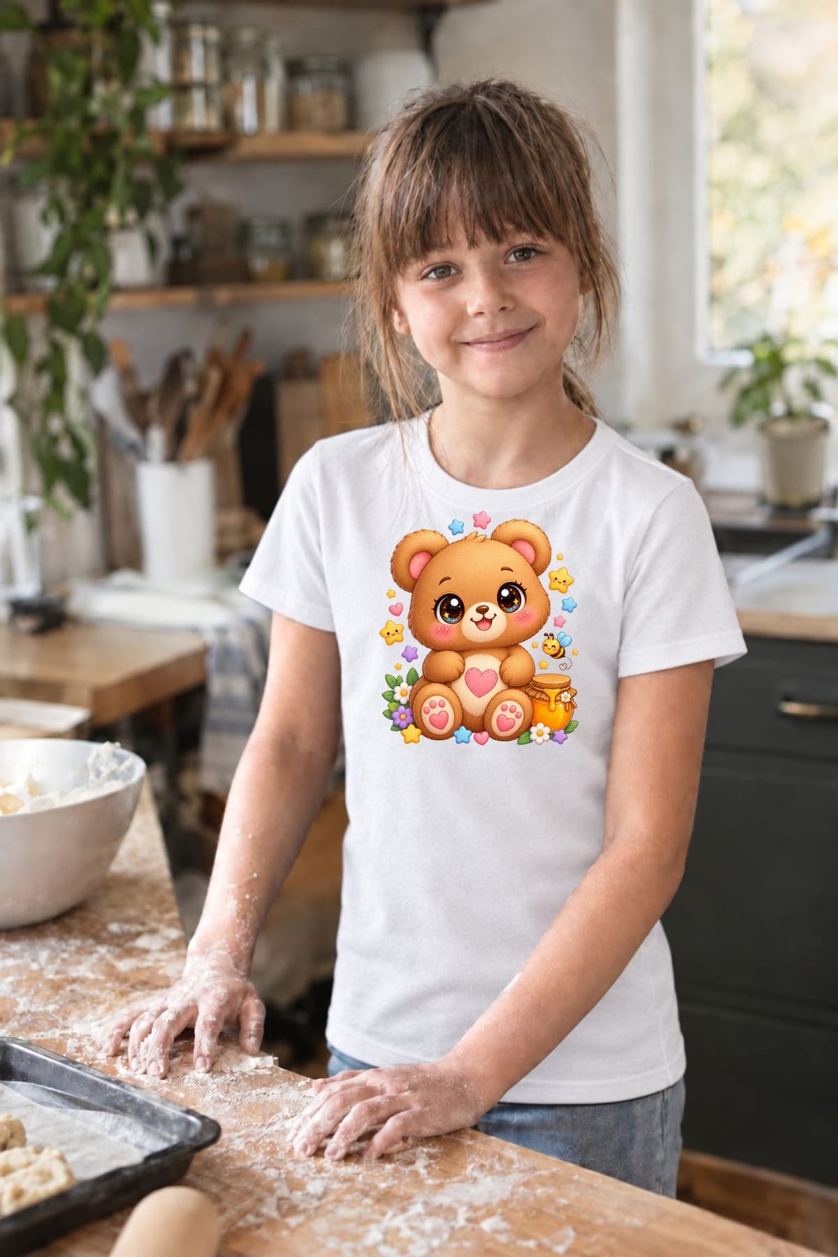 Koszulka z misiem pluszowym dla dziewczynki biała kawaii, zdjęcie 3