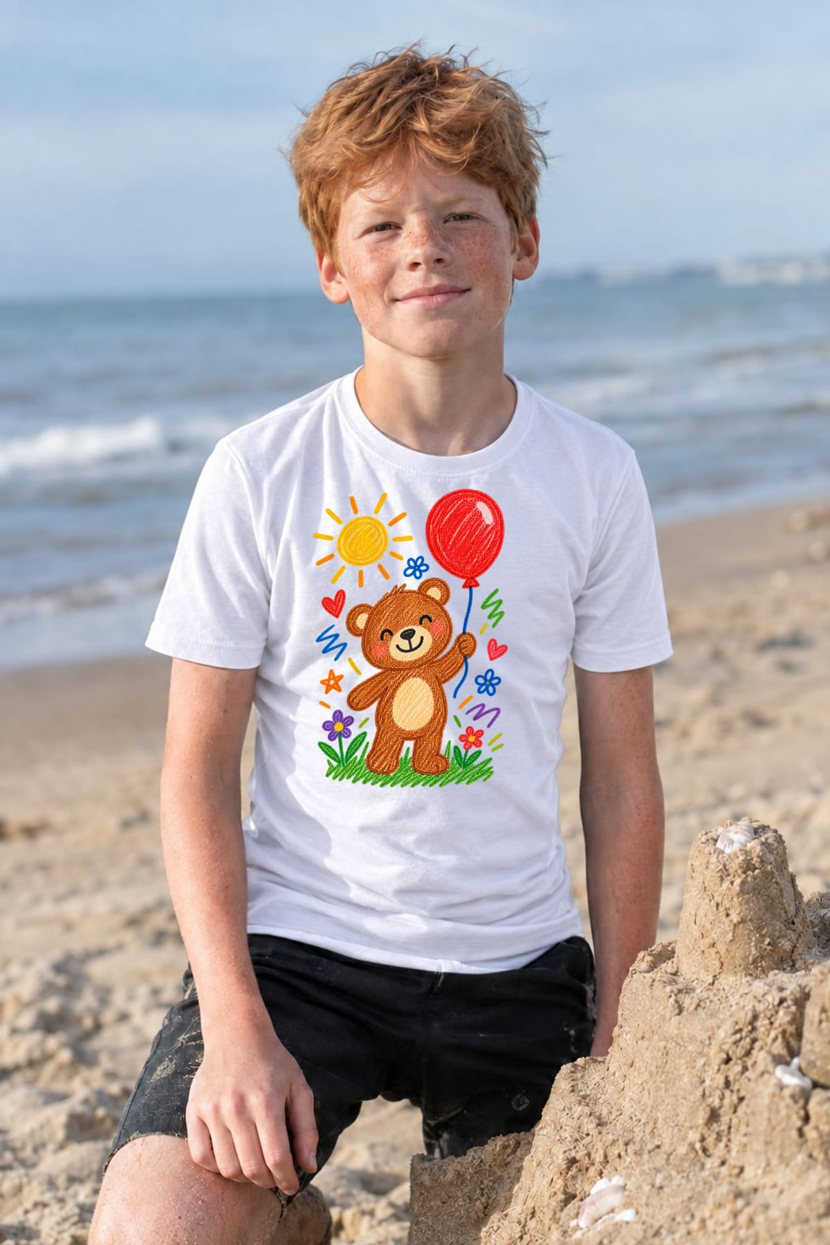 Koszulka z rysunkiem misia z balonem dla chłopca biała kredki, zdjęcie 6