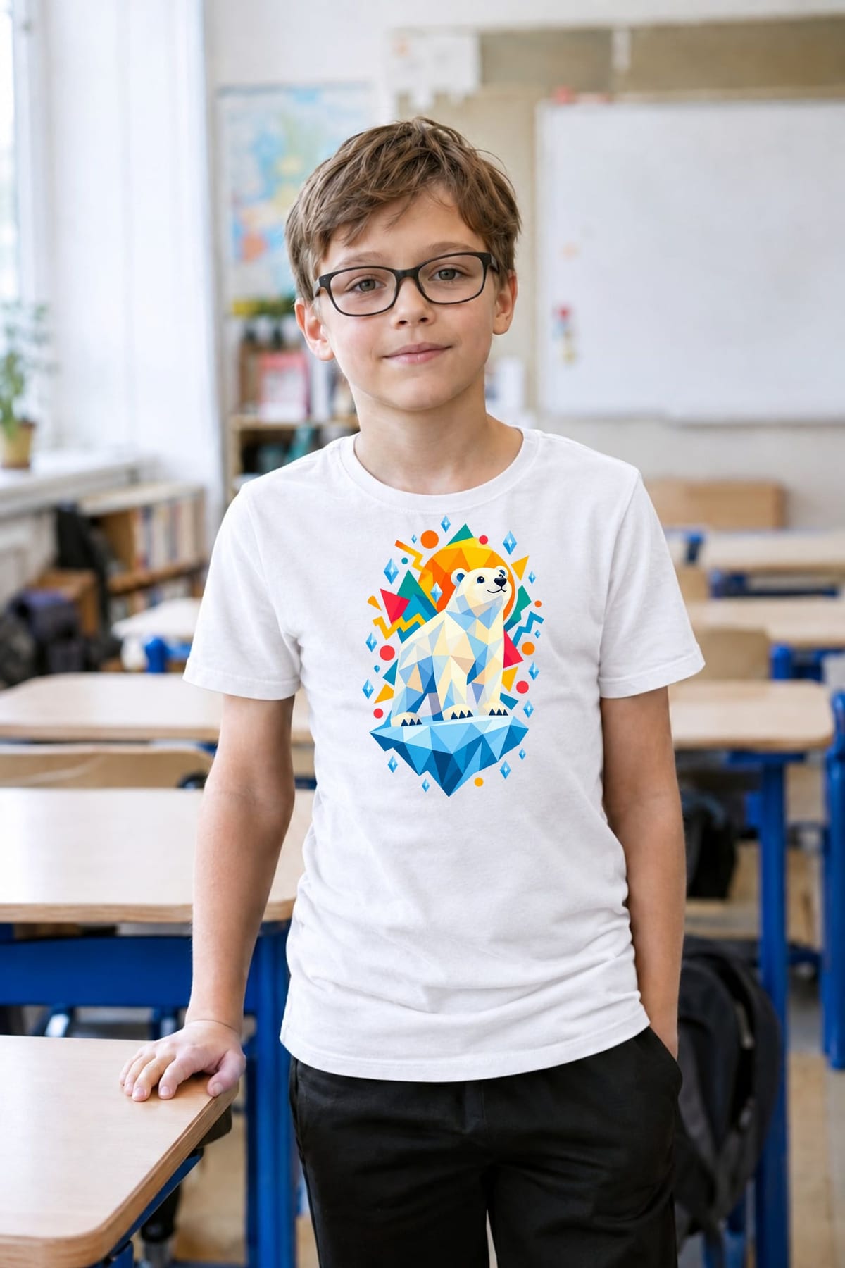 Koszulka z niedźwiedziem polarnym dla chłopca biała nowoczesna geometria, zdjęcie 3