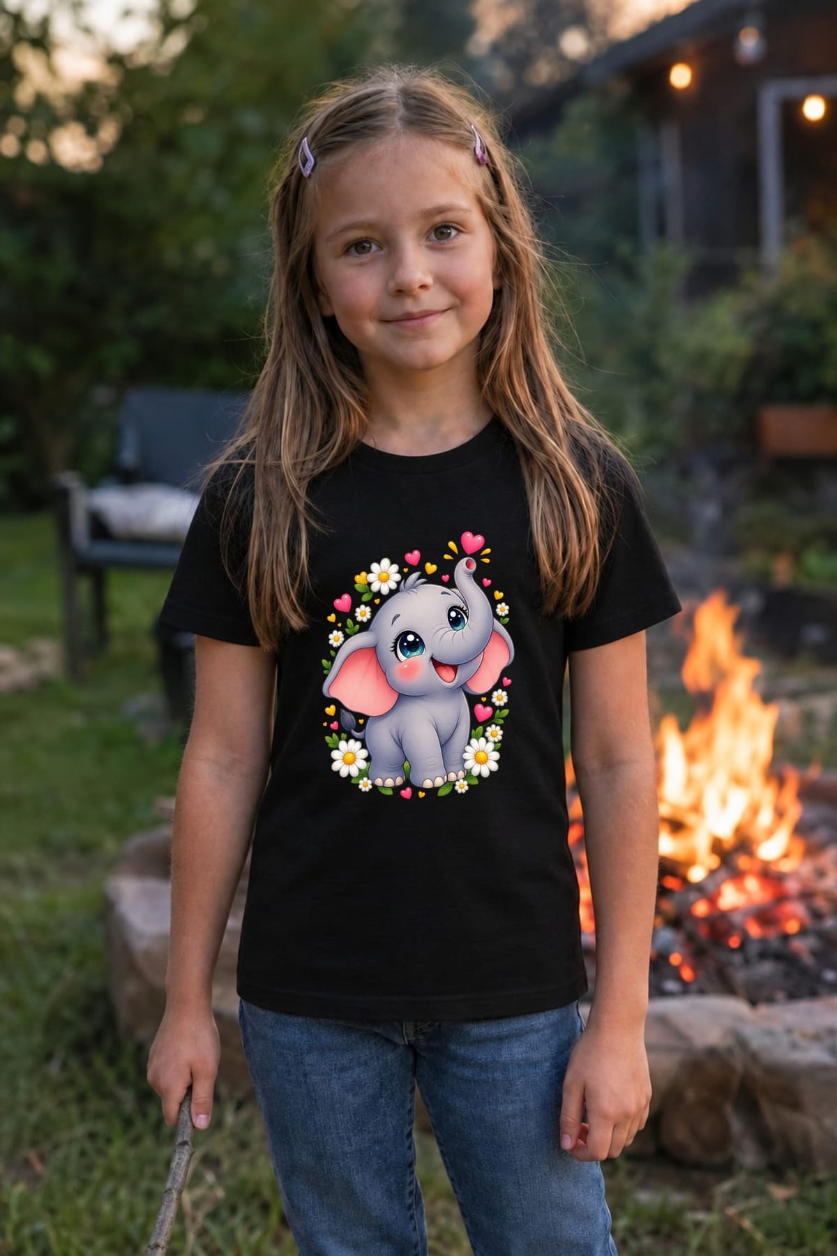 Koszulka ze słonikiem dla dziewczynki czarna słodki kawaii, zdjęcie 8