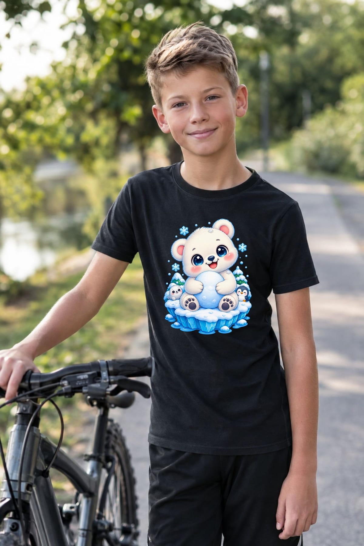 Koszulka z misiem polarnym dla chłopca czarna słodki kawaii, zdjęcie 4