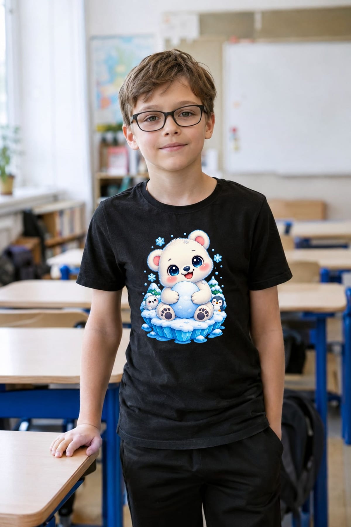 Koszulka z misiem polarnym dla chłopca czarna słodki kawaii, zdjęcie 6