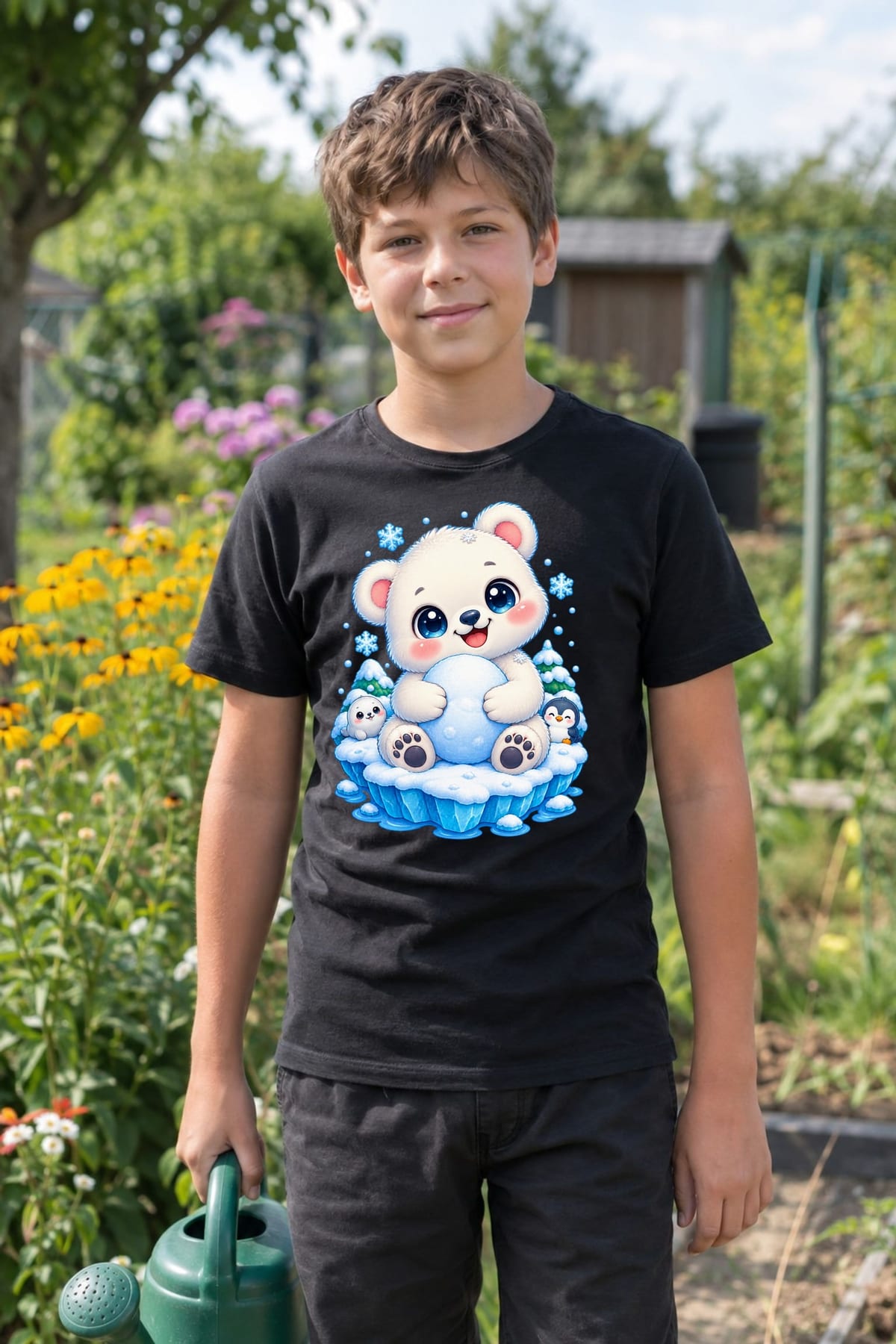 Koszulka z misiem polarnym dla chłopca czarna słodki kawaii, zdjęcie 8
