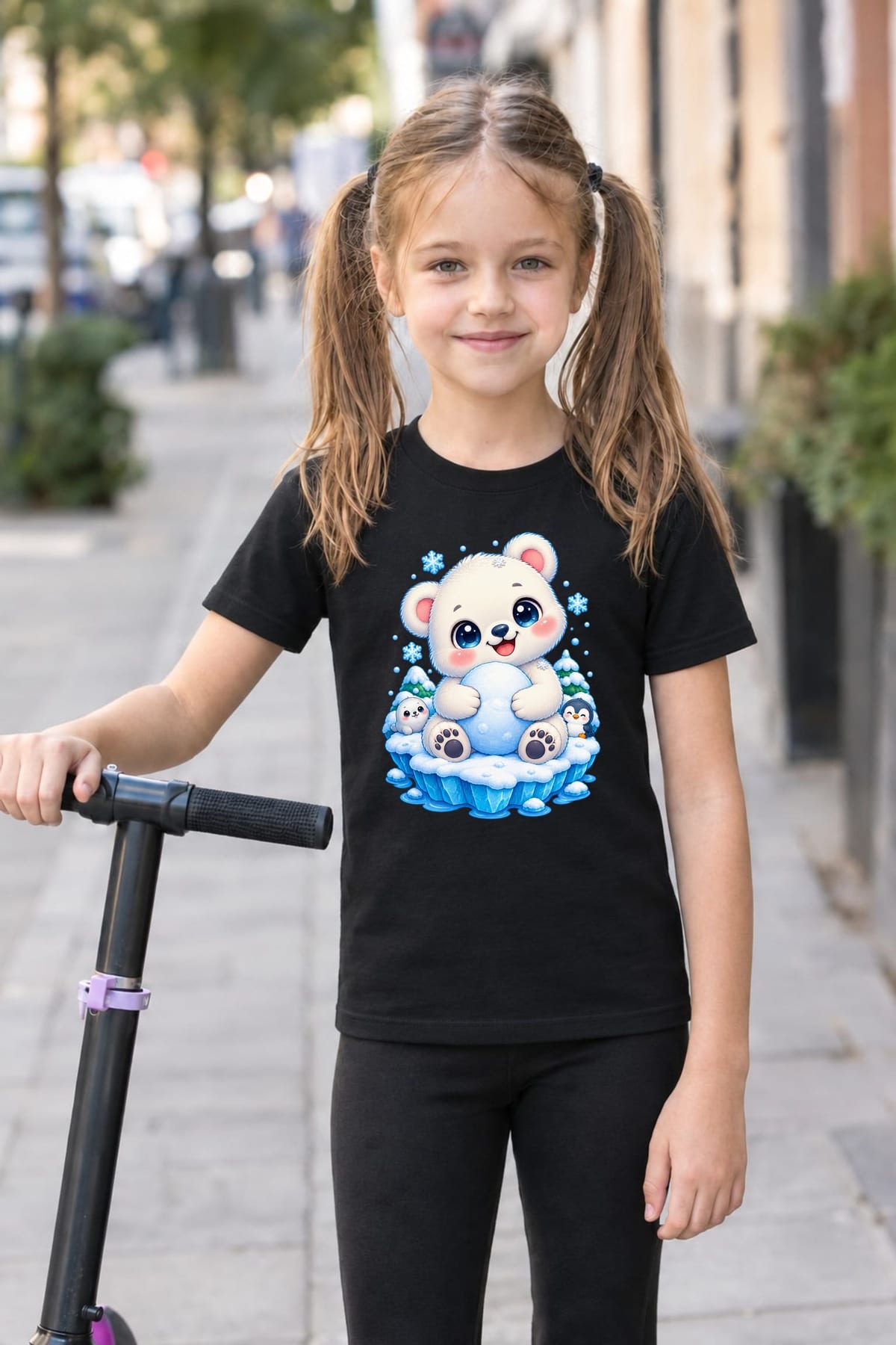 Koszulka z misiem polarnym dla dziewczynki czarna kawaii, zdjęcie 4