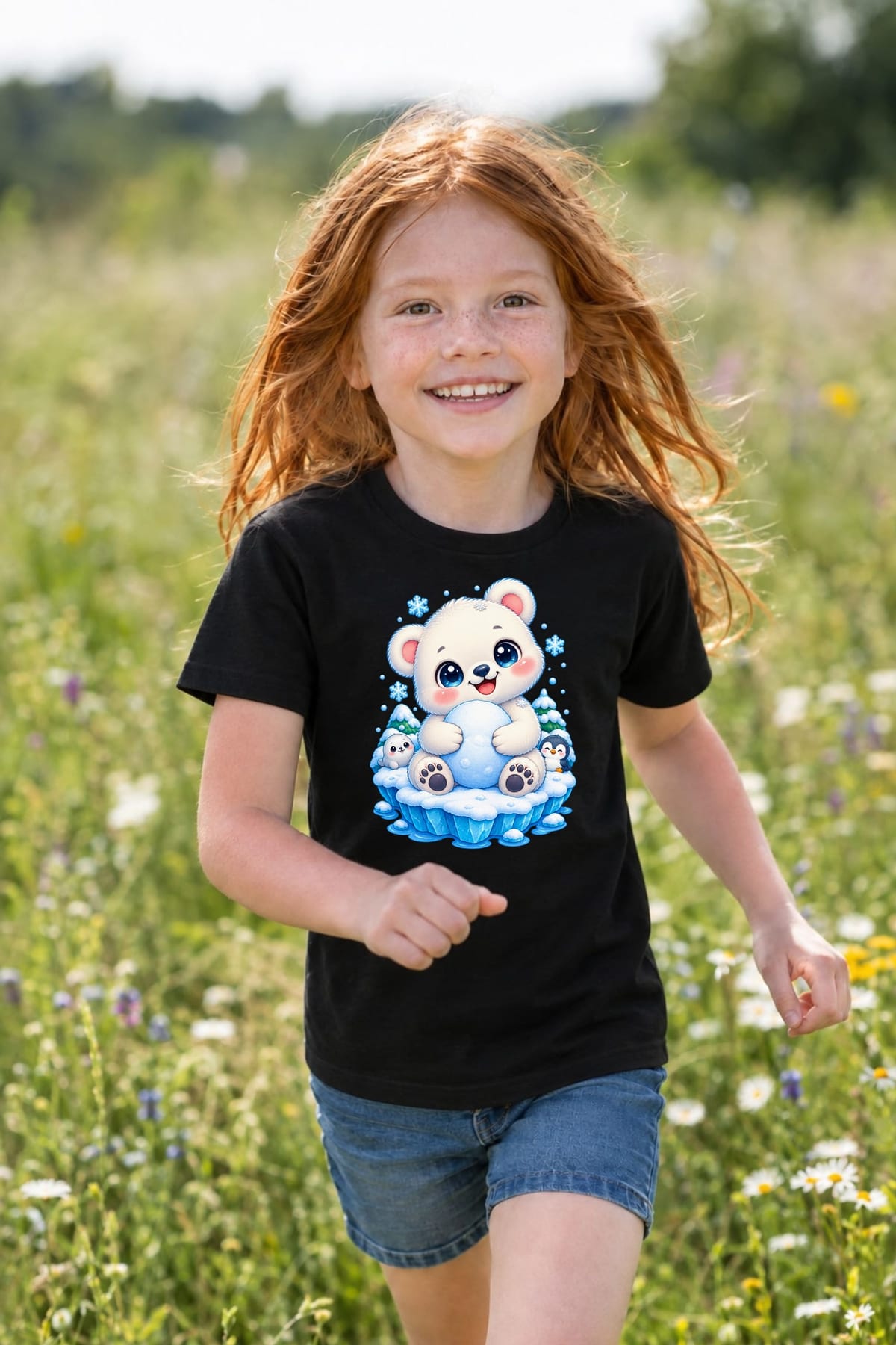 Koszulka z misiem polarnym dla dziewczynki czarna kawaii, zdjęcie 5