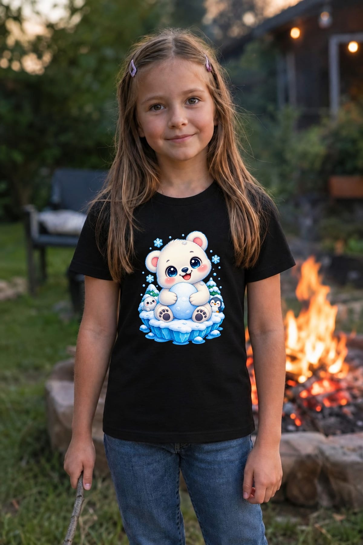 Koszulka z misiem polarnym dla dziewczynki czarna kawaii, zdjęcie 8
