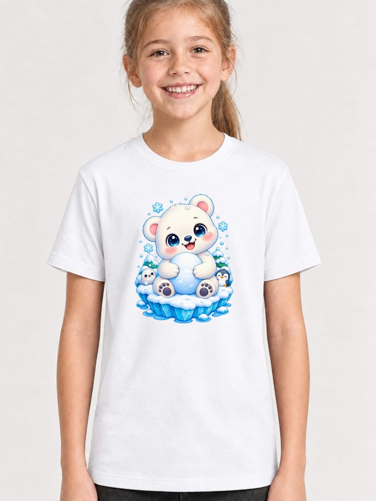 Koszulka z misiem polarnym dla dziewczynki biała kawaii, zdjęcie 1