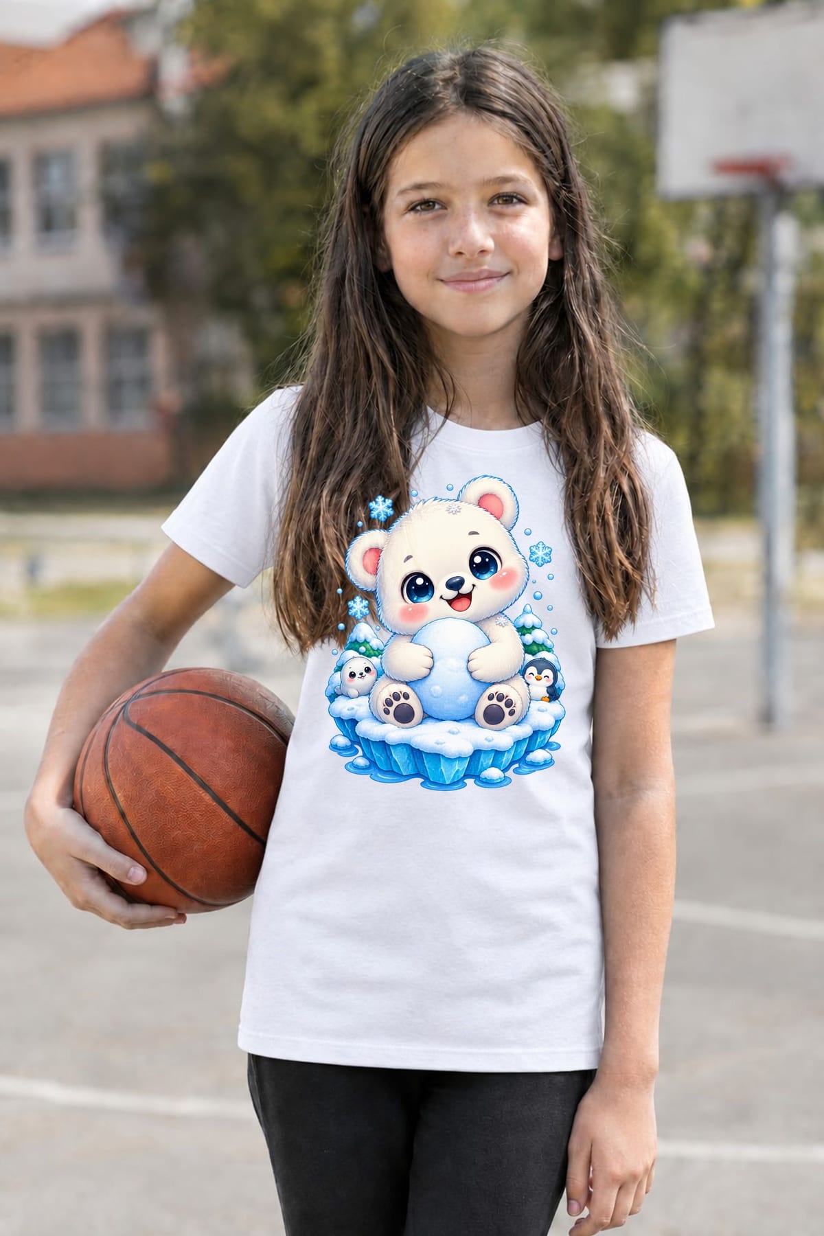 Koszulka z misiem polarnym dla dziewczynki biała kawaii, zdjęcie 6