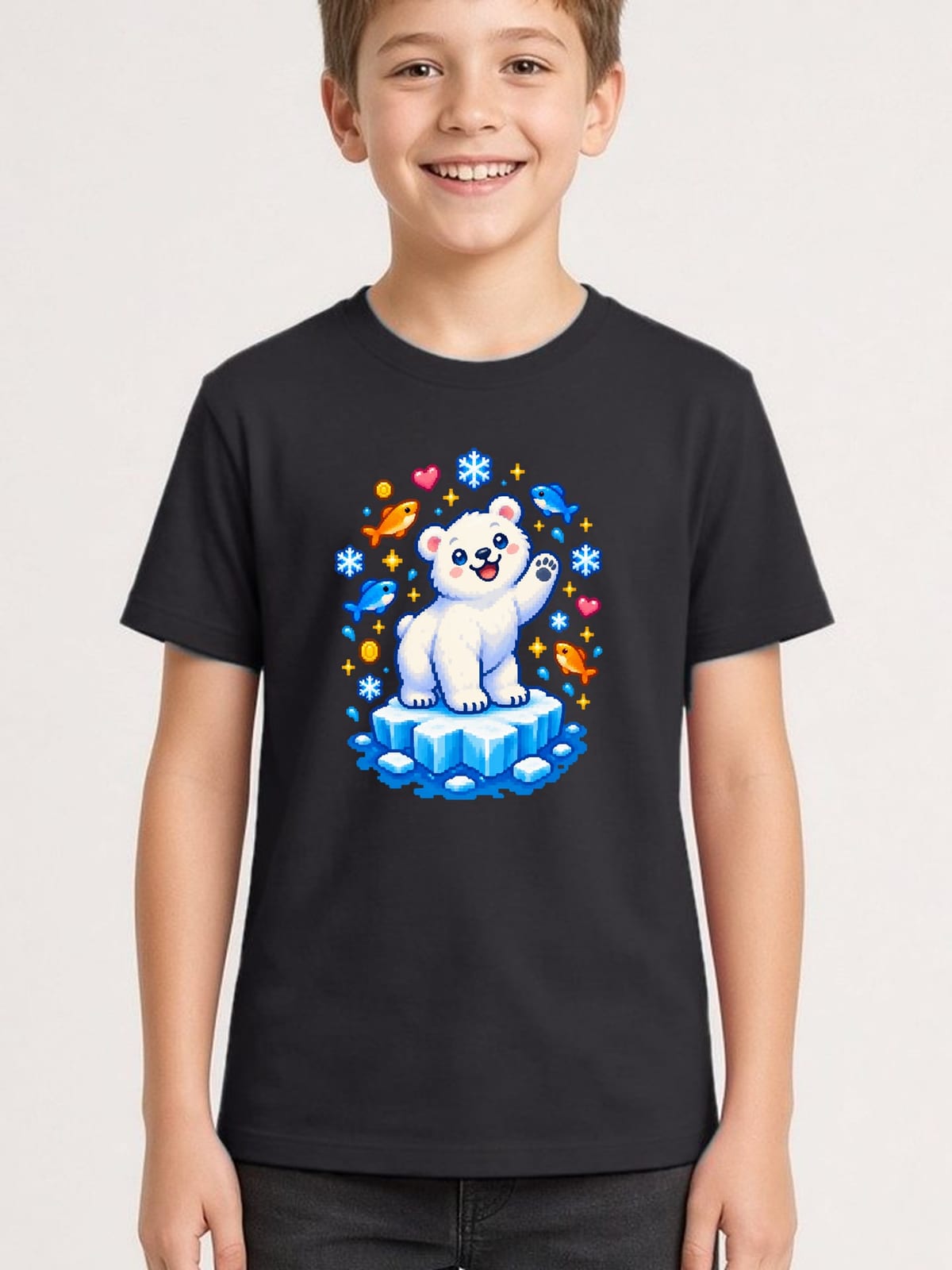 Koszulka dziecięca z niedźwiedziem polarnym dla chłopca czarna pixel art, zdjęcie 1