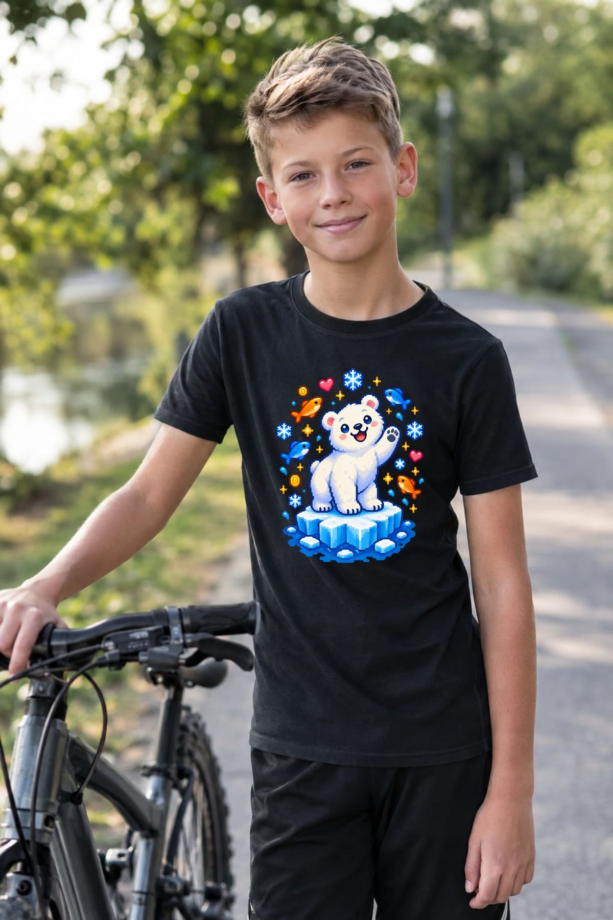 Koszulka dziecięca z niedźwiedziem polarnym dla chłopca czarna pixel art, zdjęcie 7
