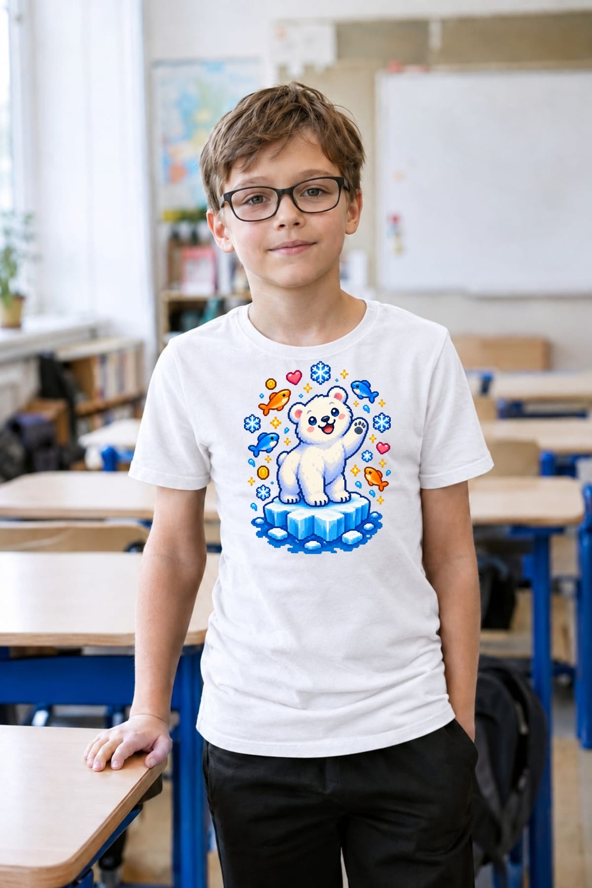 Koszulka dziecięca z niedźwiedziem polarnym dla chłopca biała pixel art, zdjęcie 3