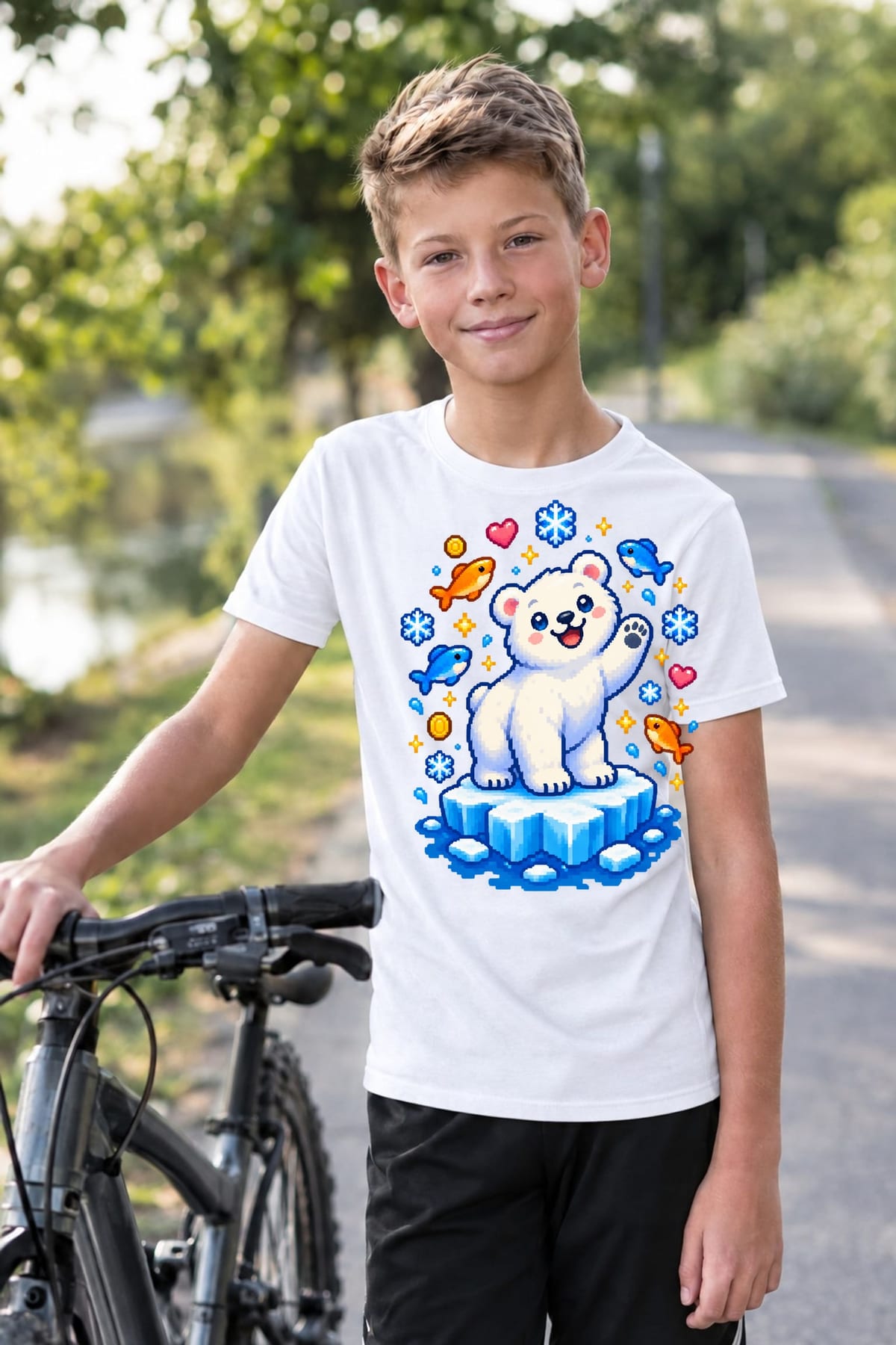 Koszulka dziecięca z niedźwiedziem polarnym dla chłopca biała pixel art, zdjęcie 7