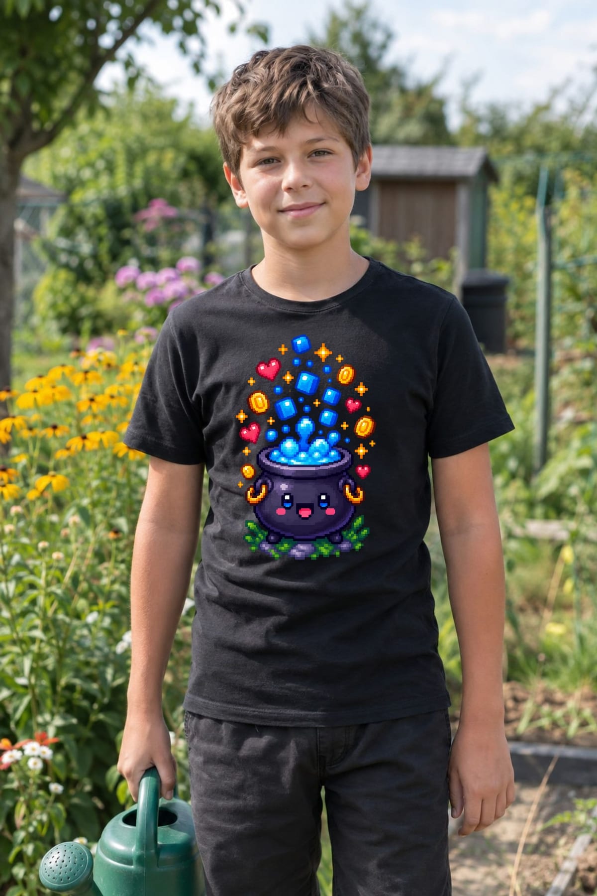 Koszulka z kociołkiem pixel art dla chłopca czarna prezent, zdjęcie 4