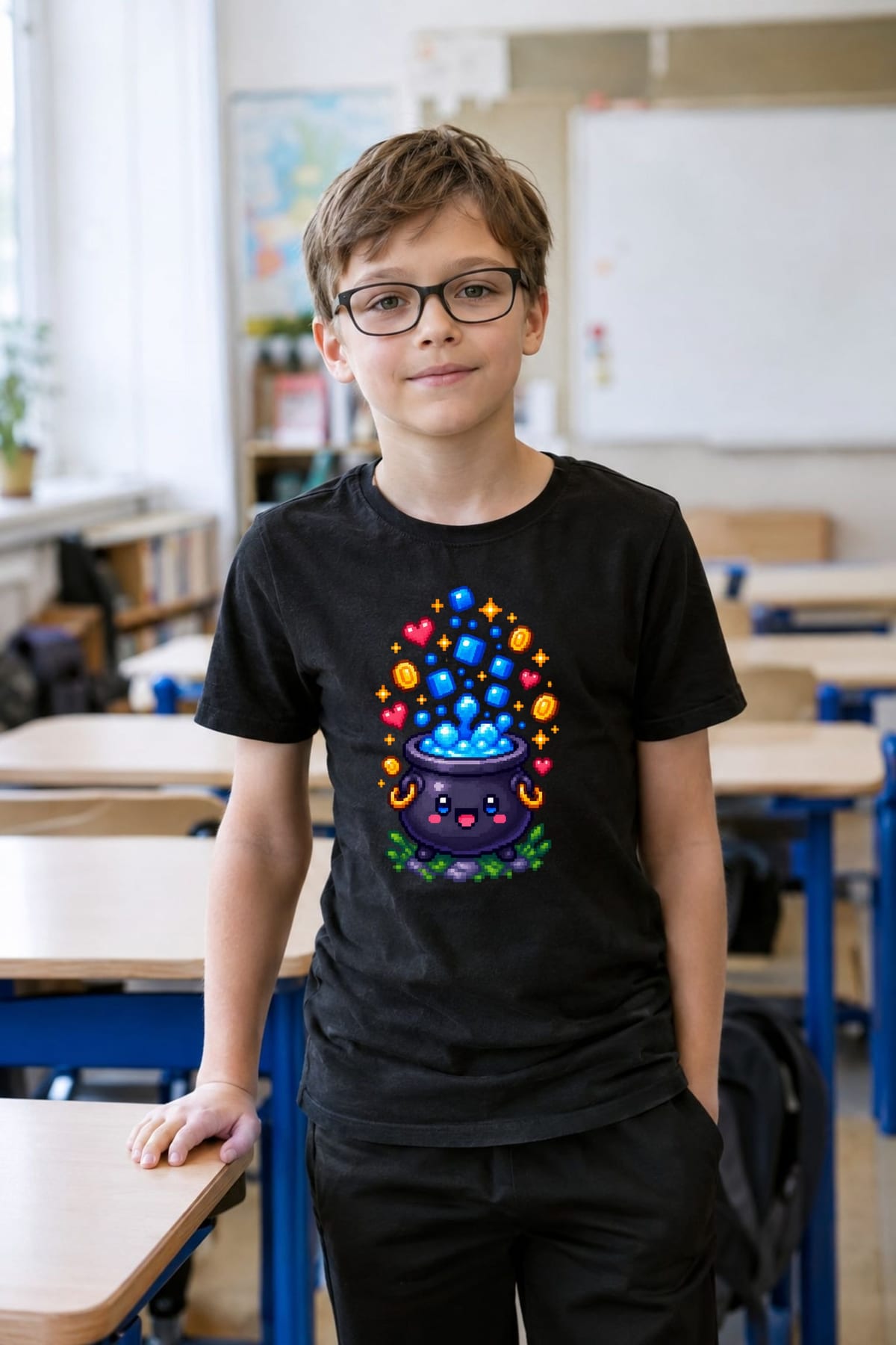 Koszulka z kociołkiem pixel art dla chłopca czarna prezent, zdjęcie 8
