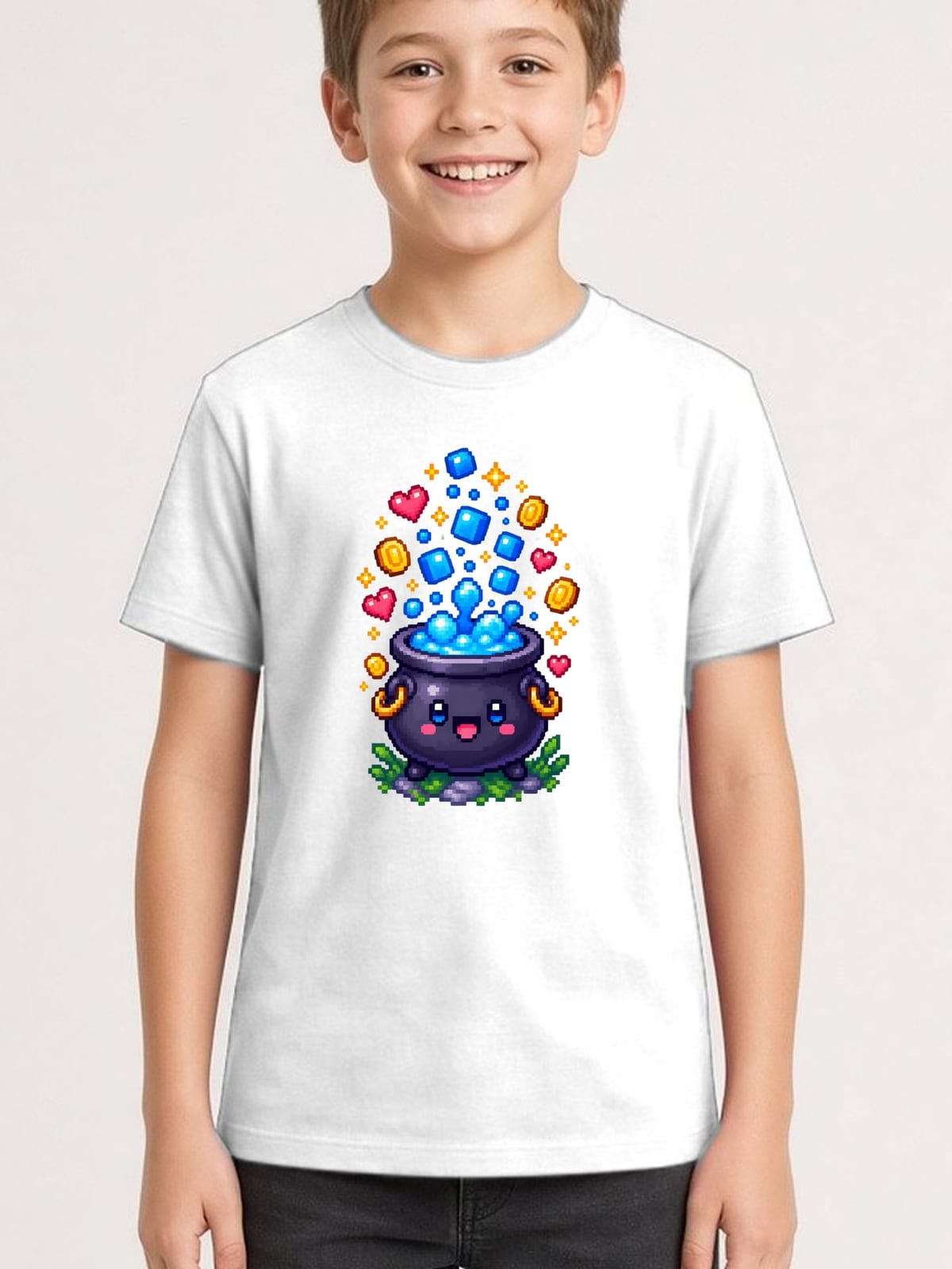 Koszulka z kociołkiem pixel art dla chłopca biała prezent, zdjęcie 1