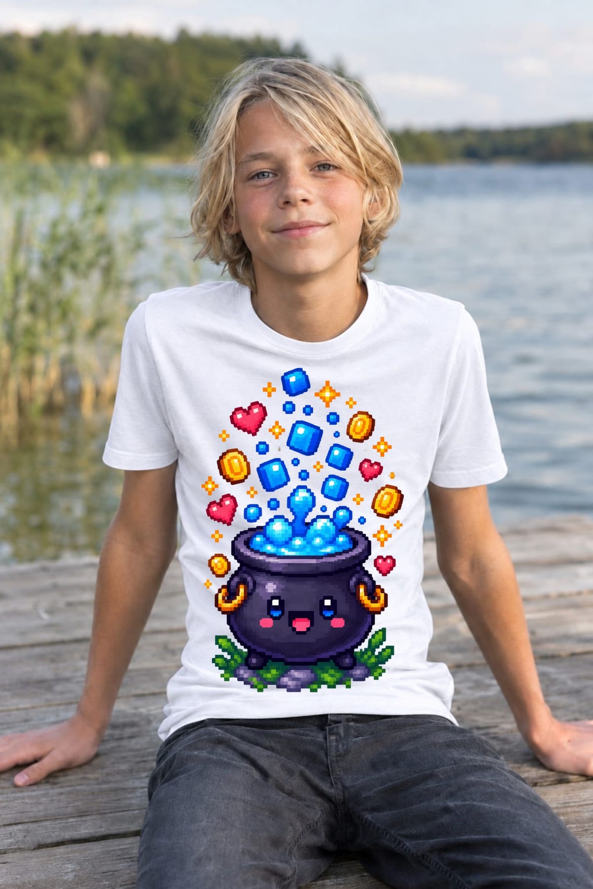Koszulka z kociołkiem pixel art dla chłopca biała prezent, zdjęcie 3