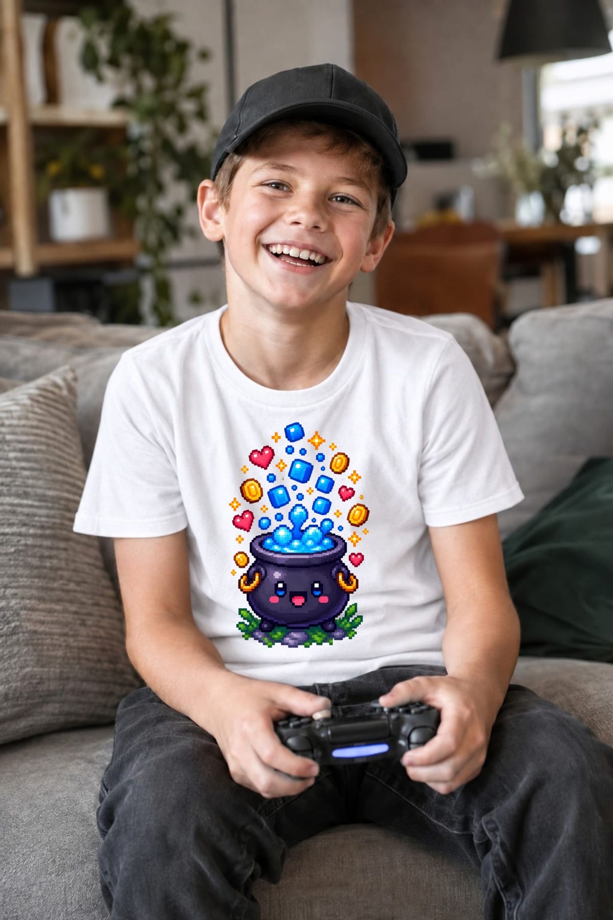 Koszulka z kociołkiem pixel art dla chłopca biała prezent, zdjęcie 4