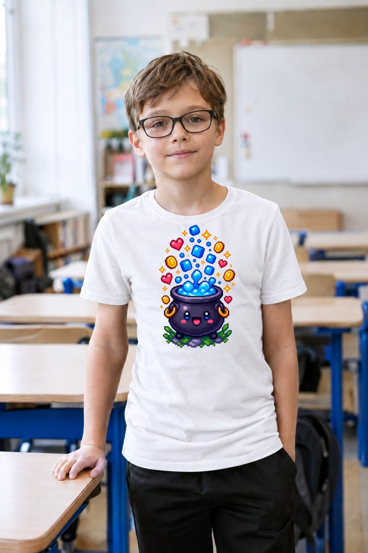 Koszulka z kociołkiem pixel art dla chłopca biała prezent, zdjęcie 7