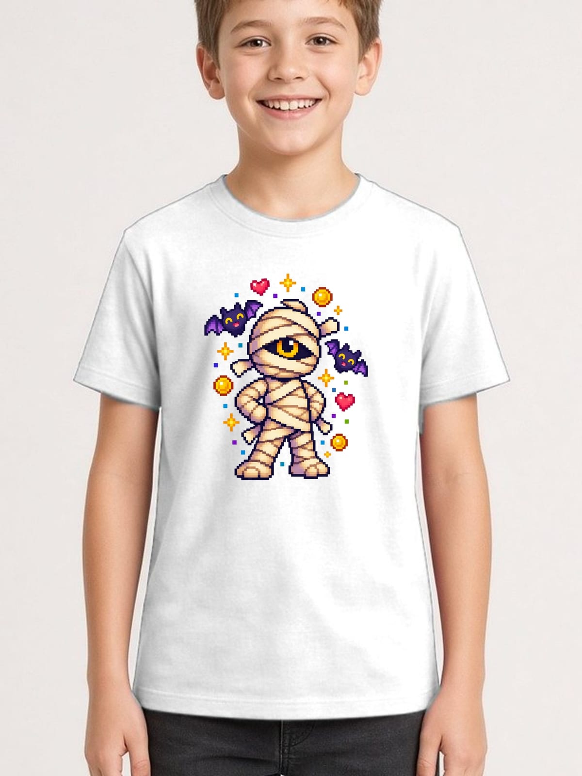 Koszulka z mumią pixel art dla chłopca biała blokowy styl, zdjęcie 1